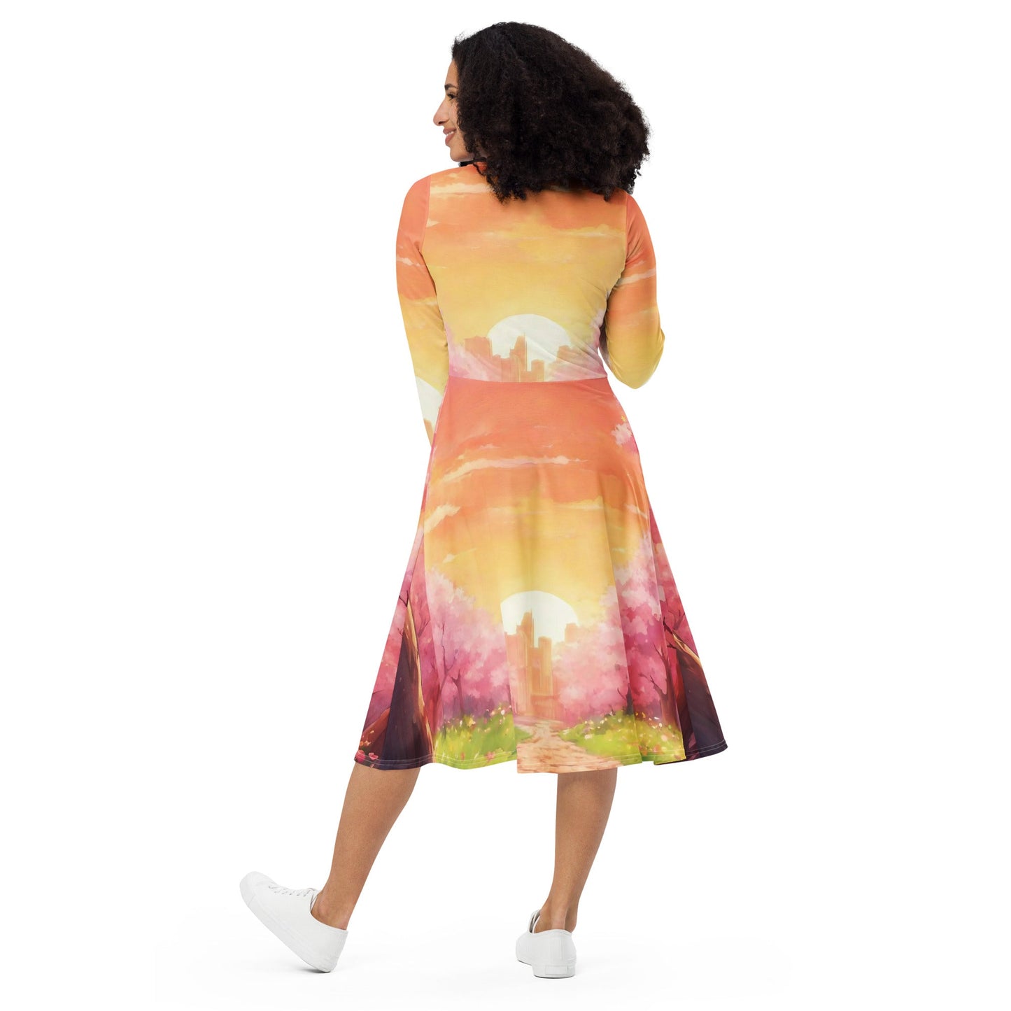 All-over print long sleeve midi dress