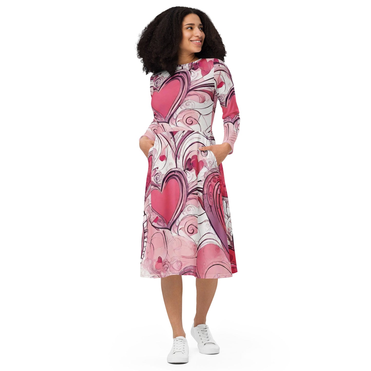 All-over print long sleeve midi dress