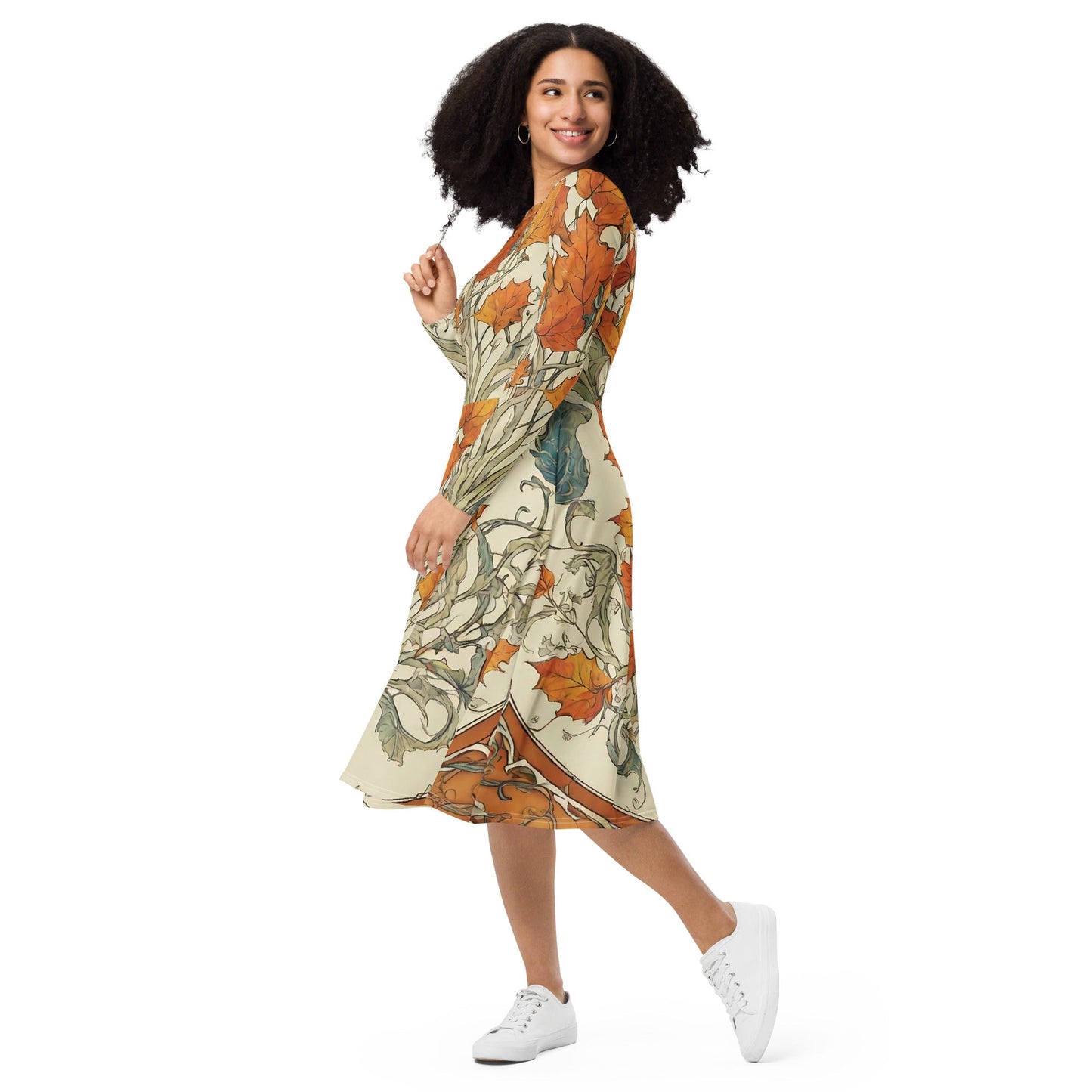 All-over print long sleeve midi dress