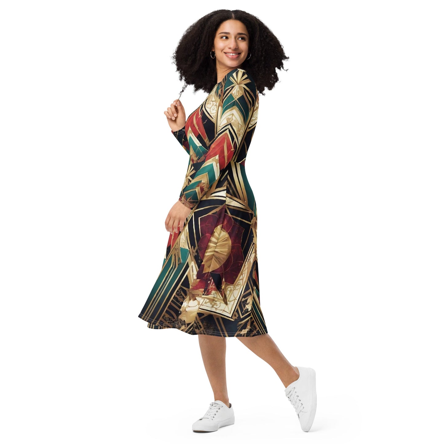 All-over print long sleeve midi dress