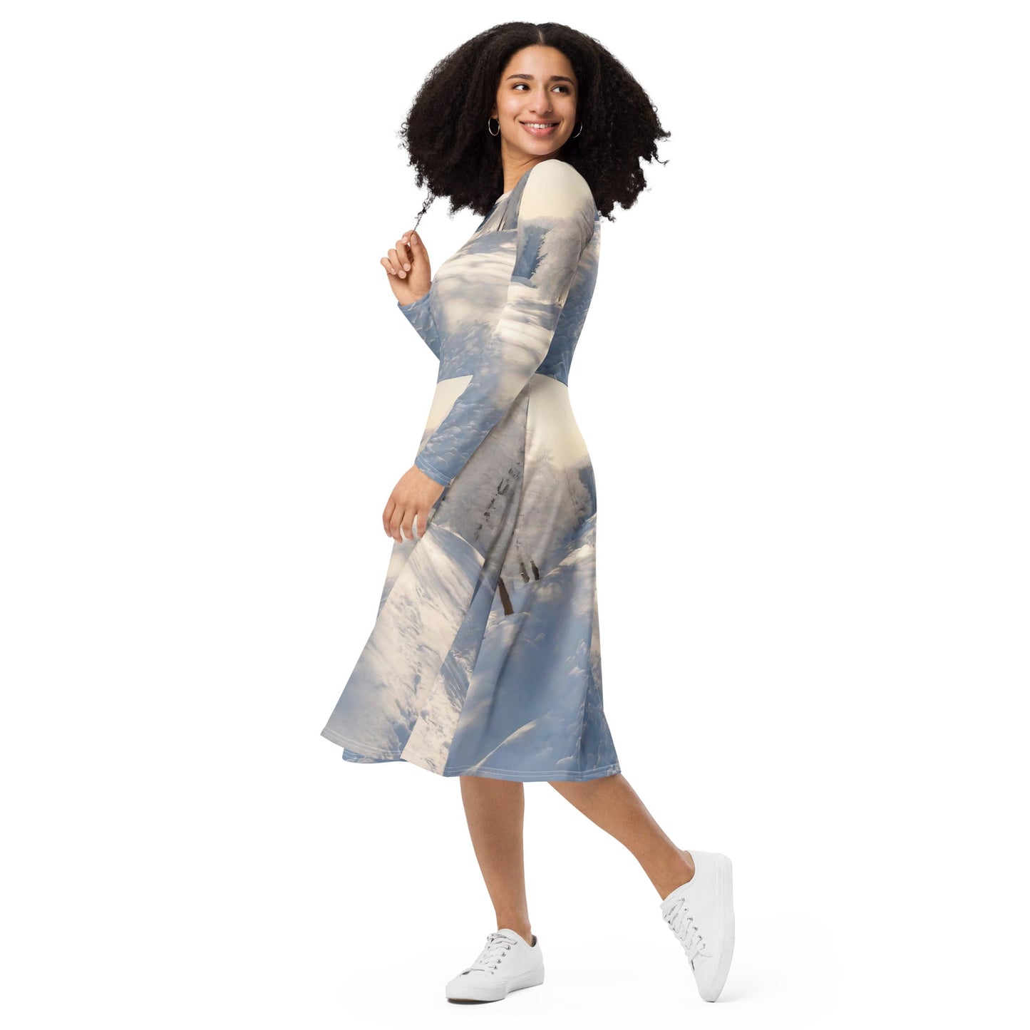 All-over print long sleeve midi dress