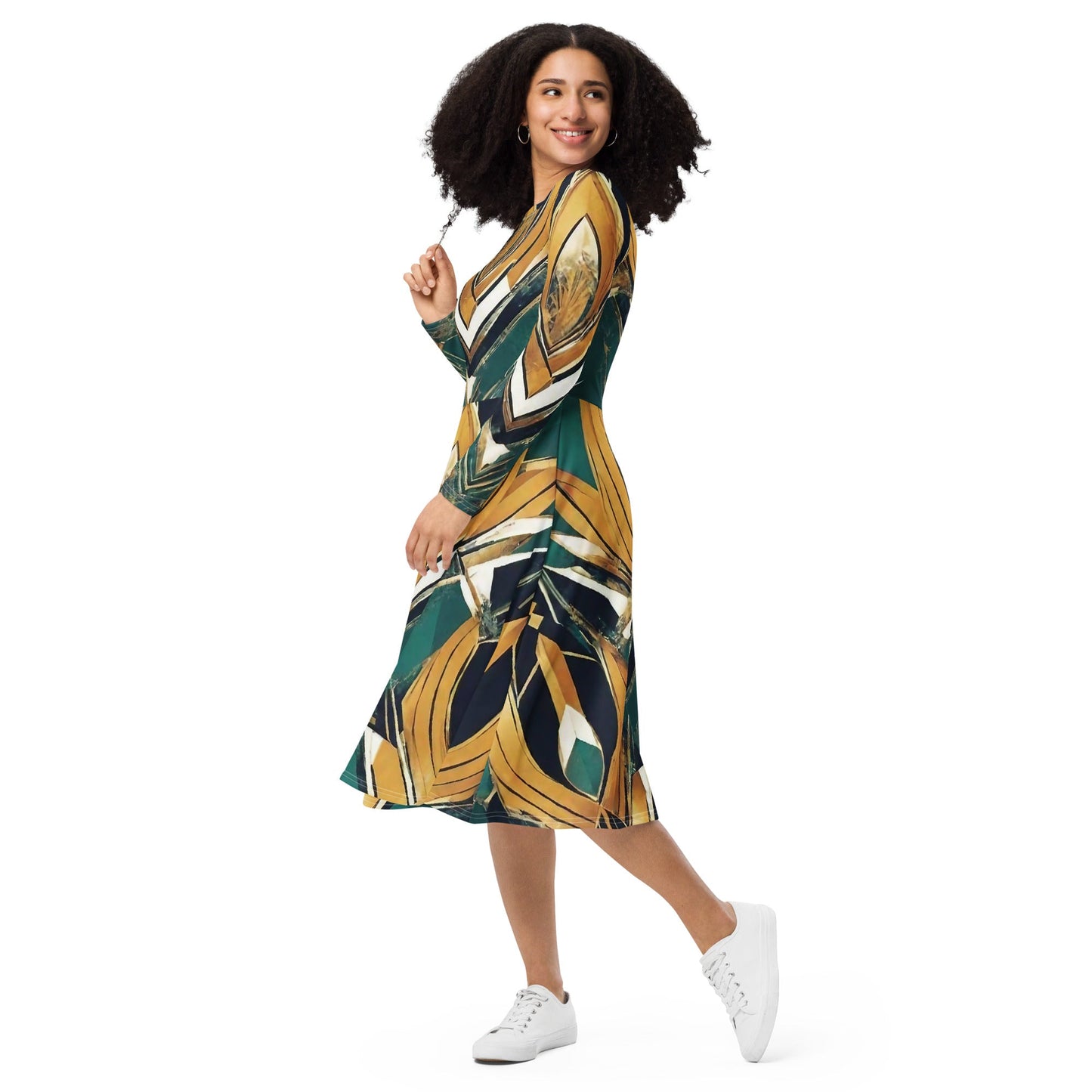 All-over print long sleeve midi dress