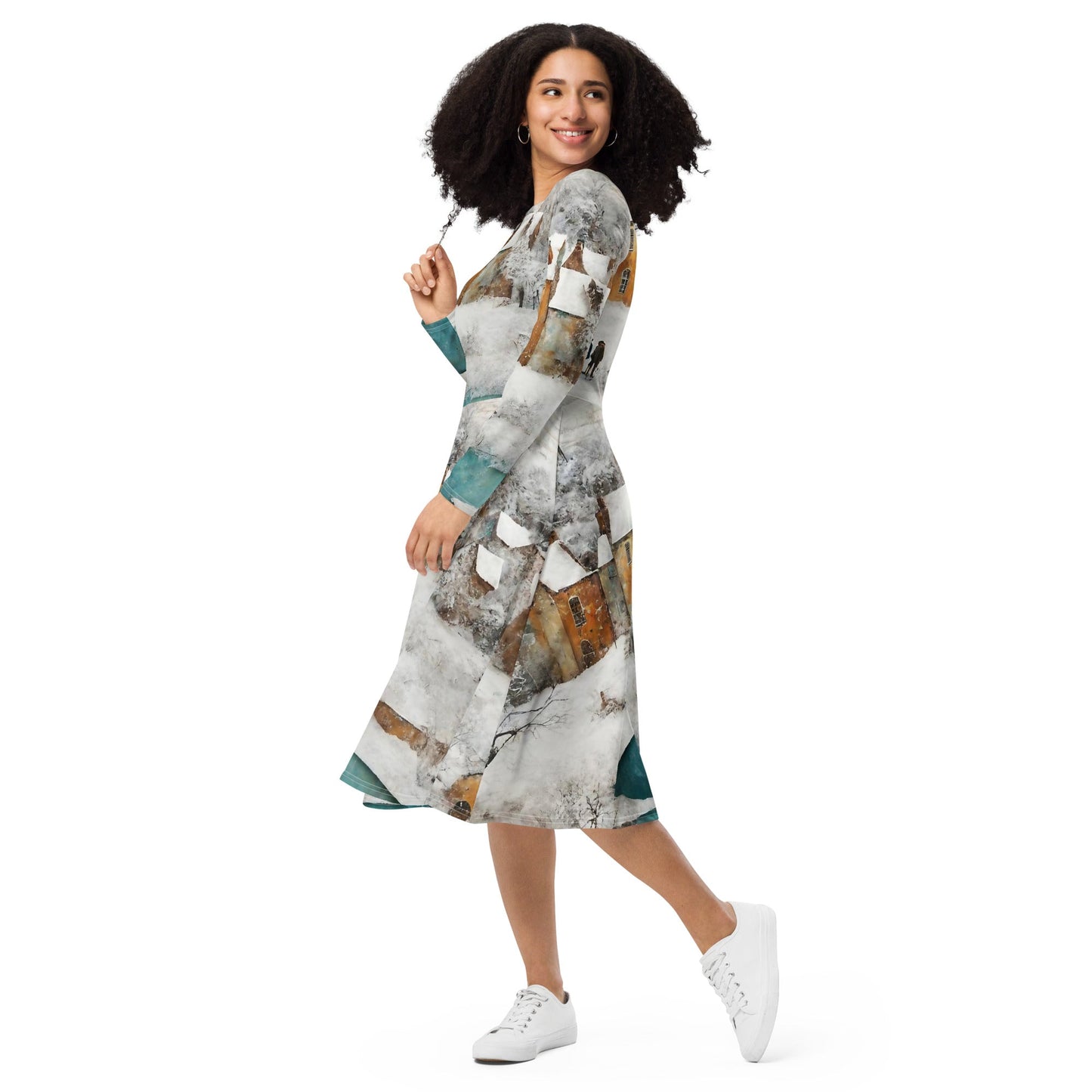 All-over print long sleeve midi dress