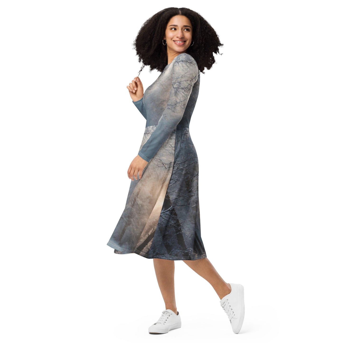 All-over print long sleeve midi dress