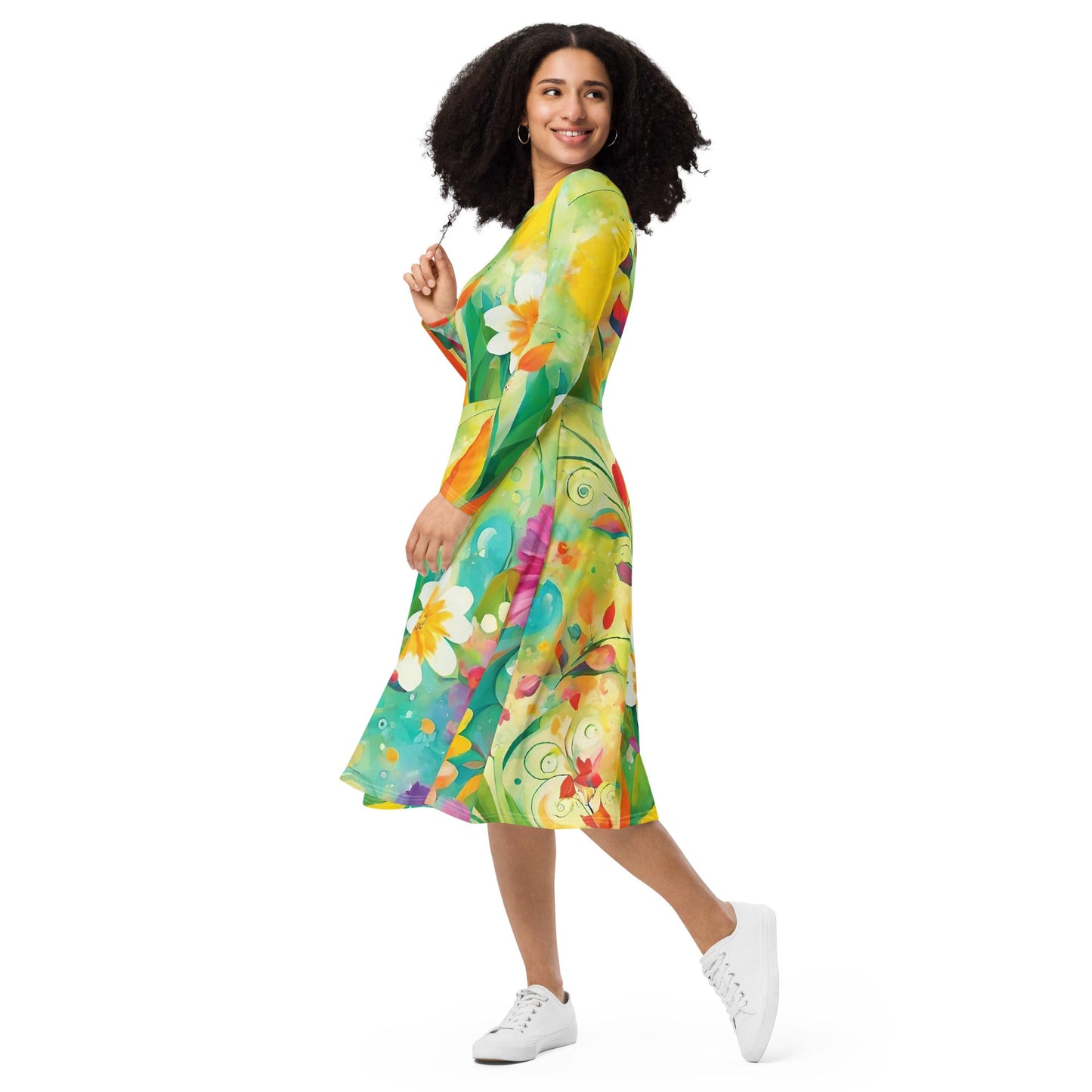 All-over print long sleeve midi dress