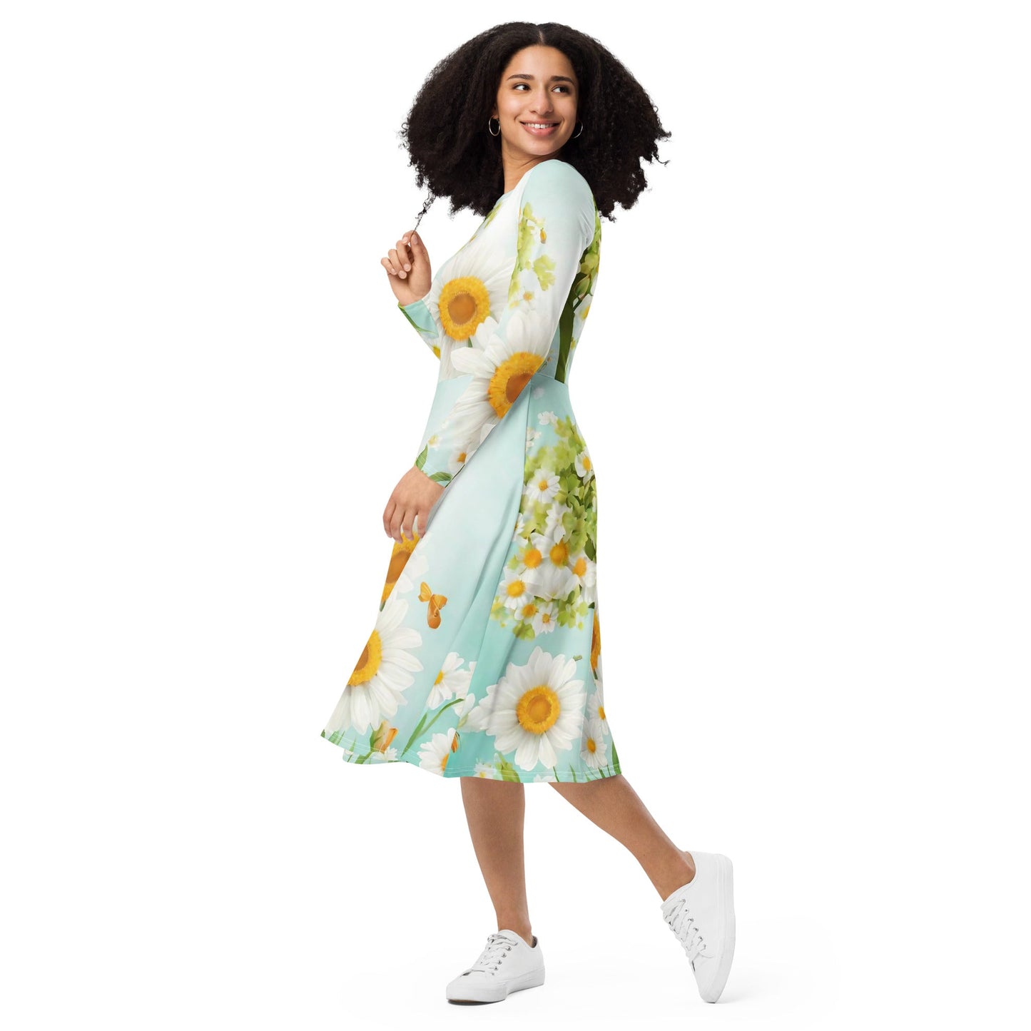 All-over print long sleeve midi dress