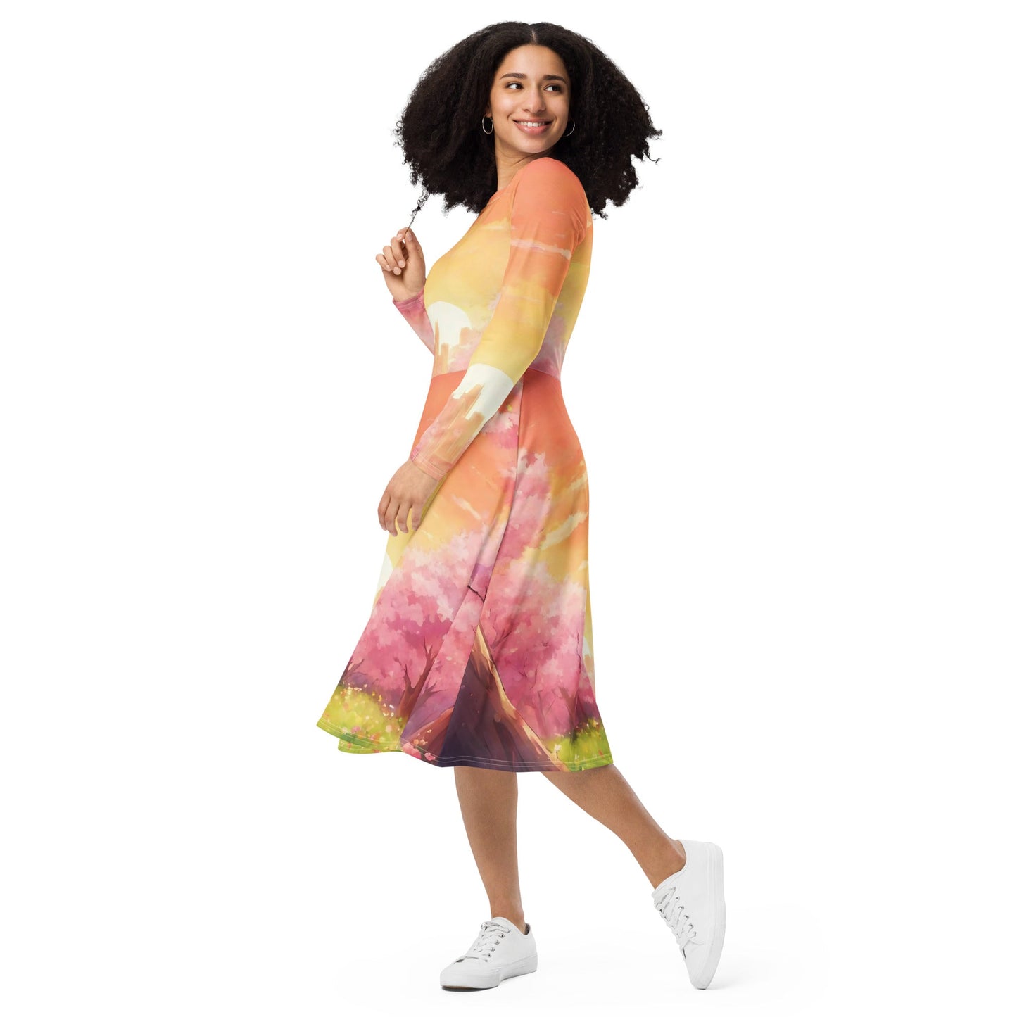 All-over print long sleeve midi dress