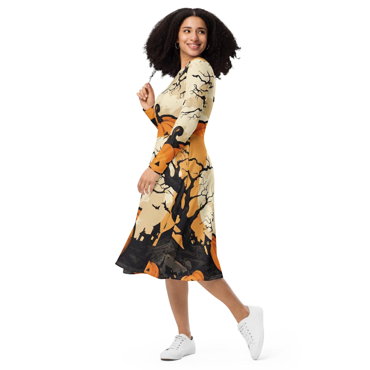 All-over print long sleeve midi dress