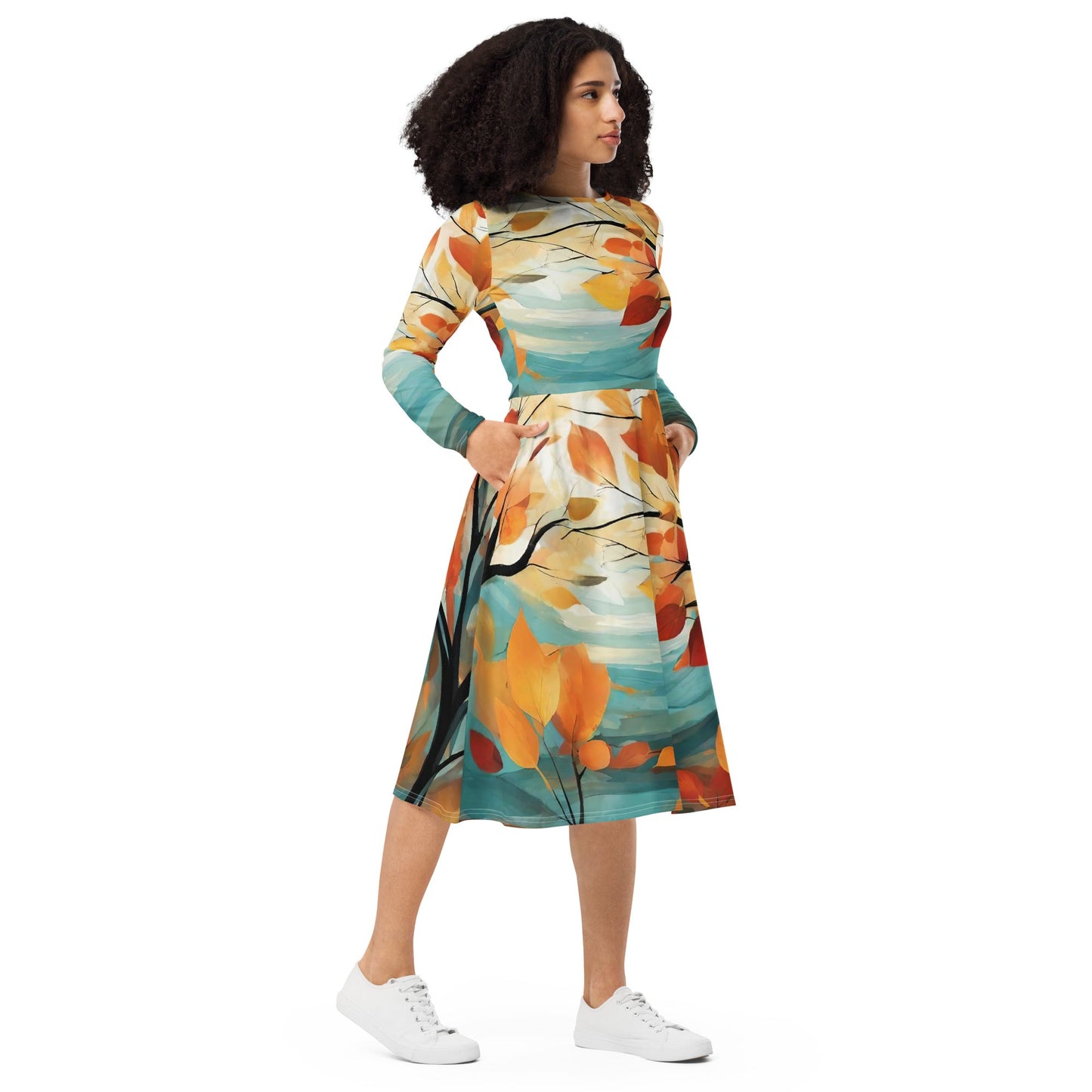 All-over print long sleeve midi dress