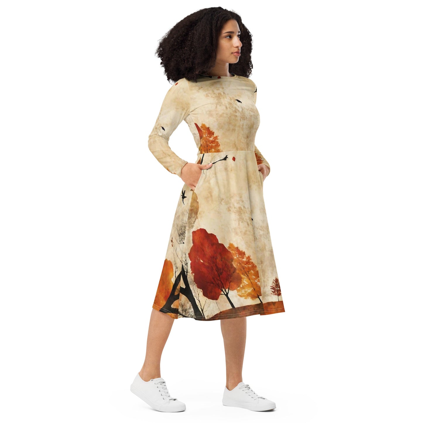 All-over print long sleeve midi dress