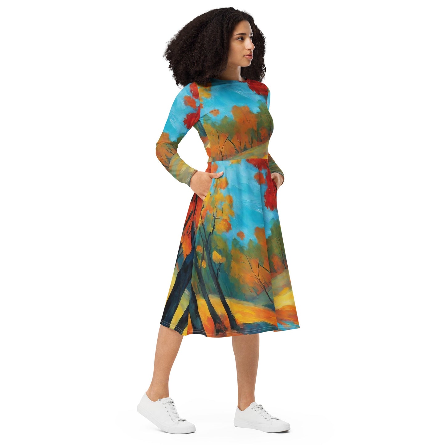 All-over print long sleeve midi dress