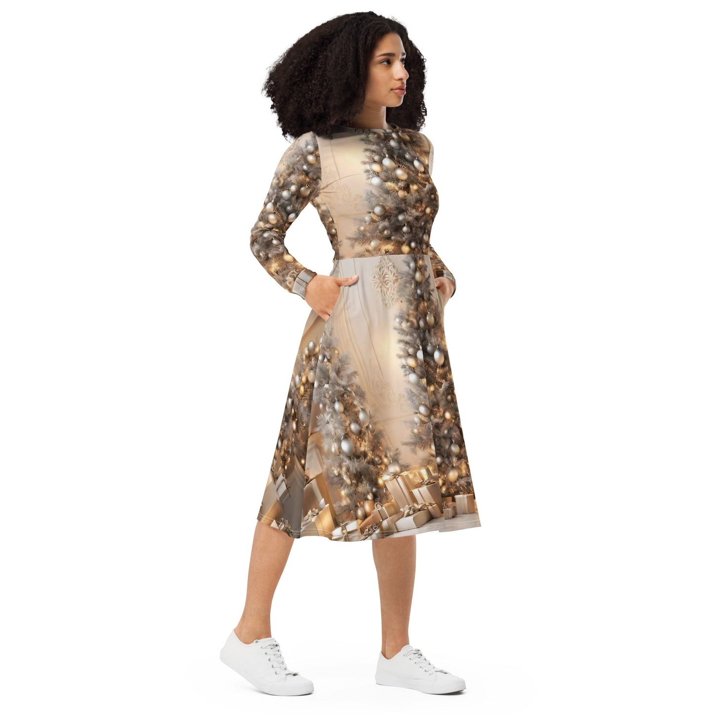 All-over print long sleeve midi dress