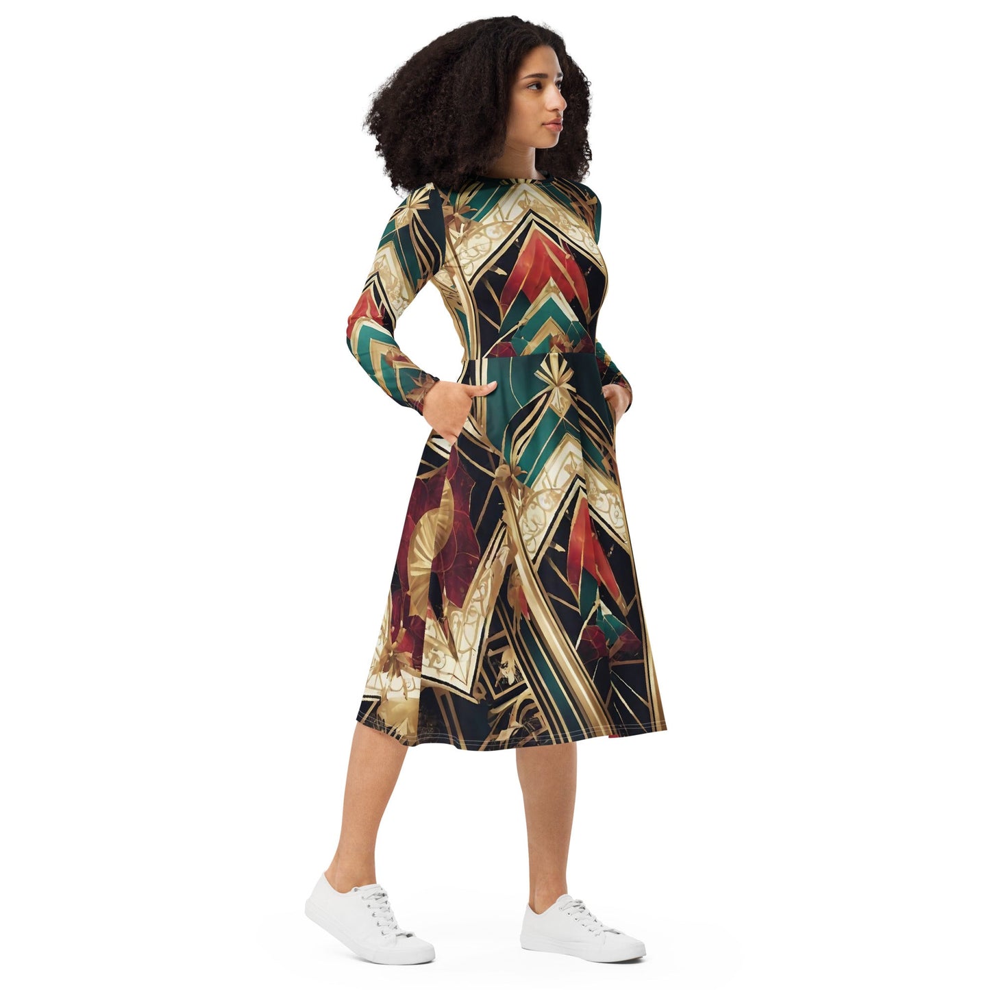 All-over print long sleeve midi dress