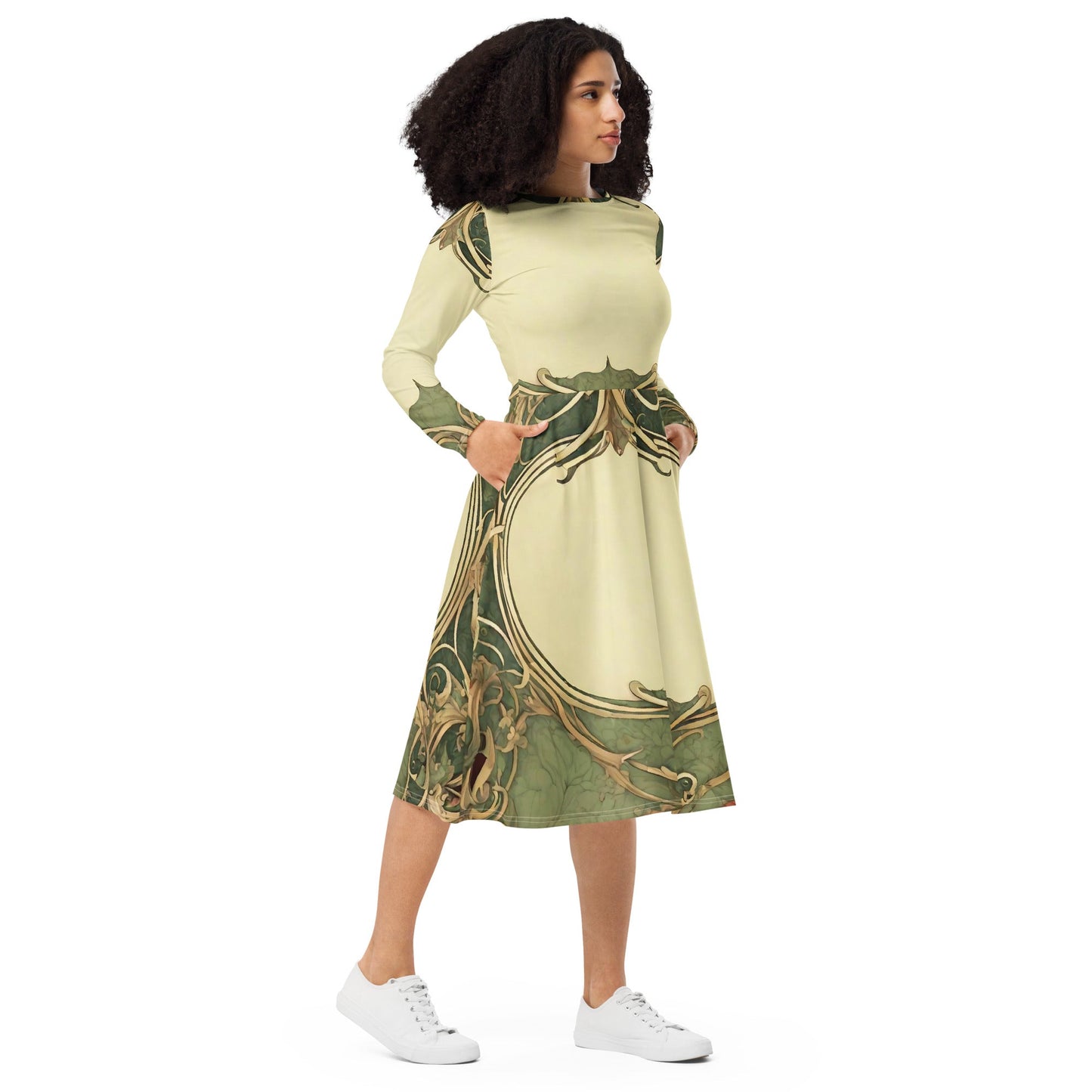 All-over print long sleeve midi dress