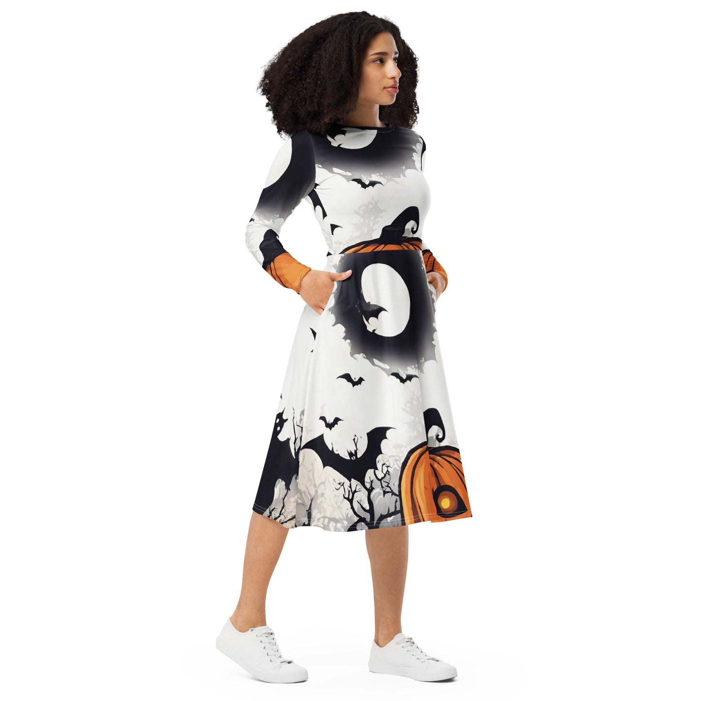 All-over print long sleeve midi dress