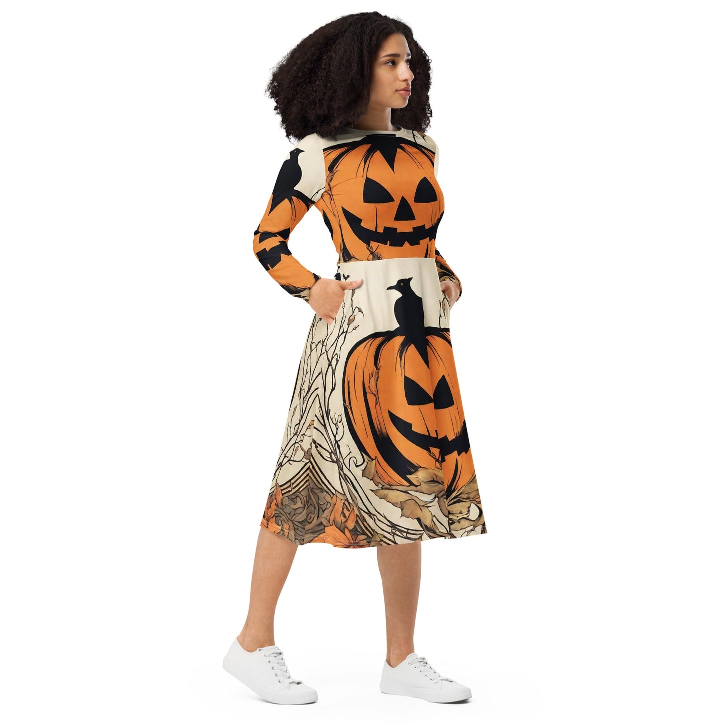 All-over print long sleeve midi dress