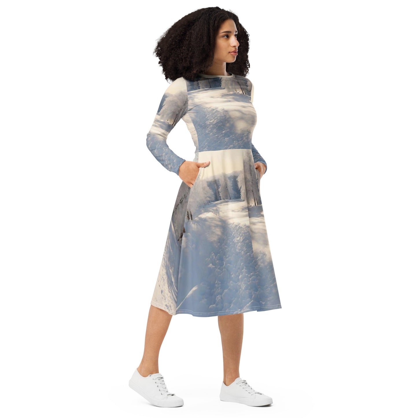 All-over print long sleeve midi dress
