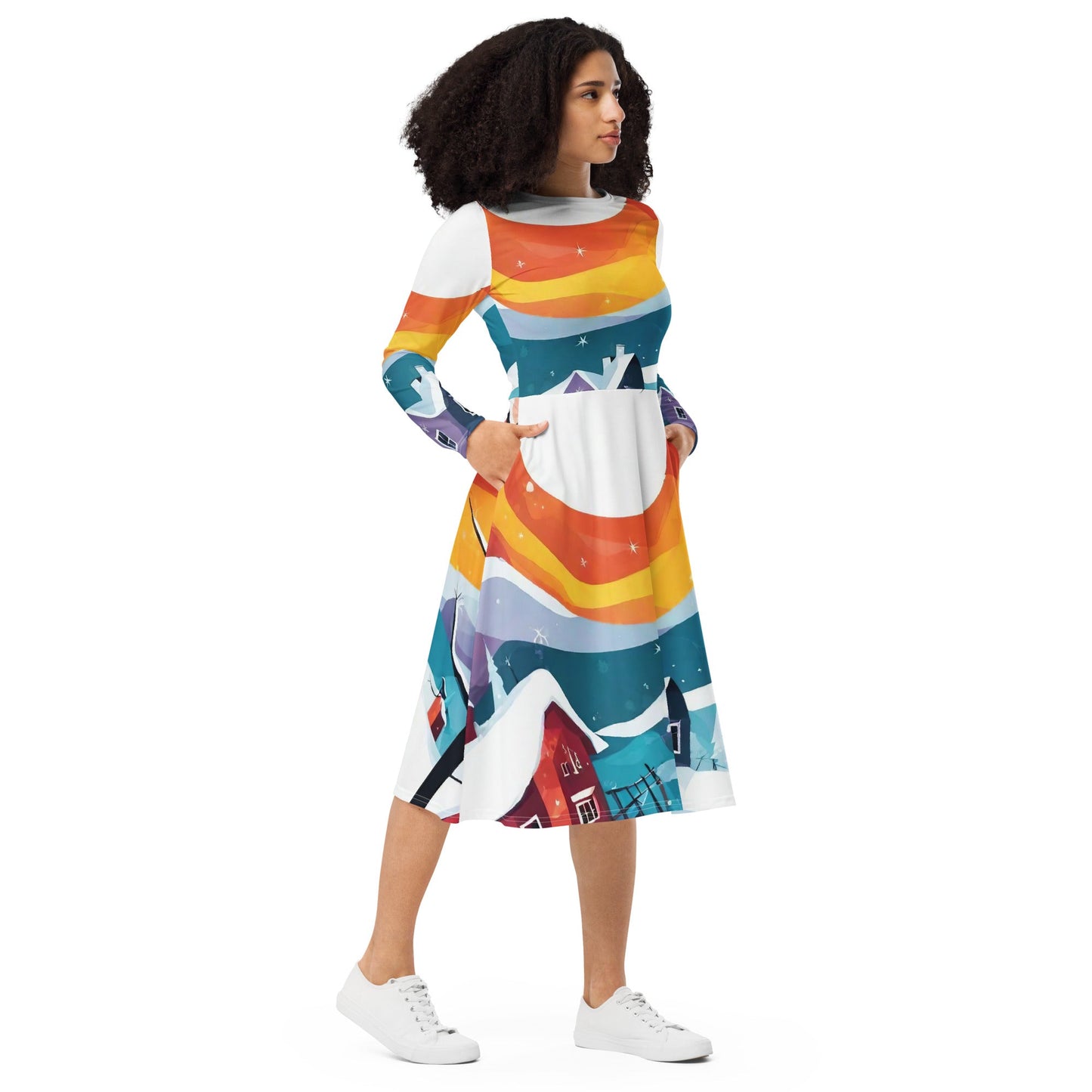 All-over print long sleeve midi dress