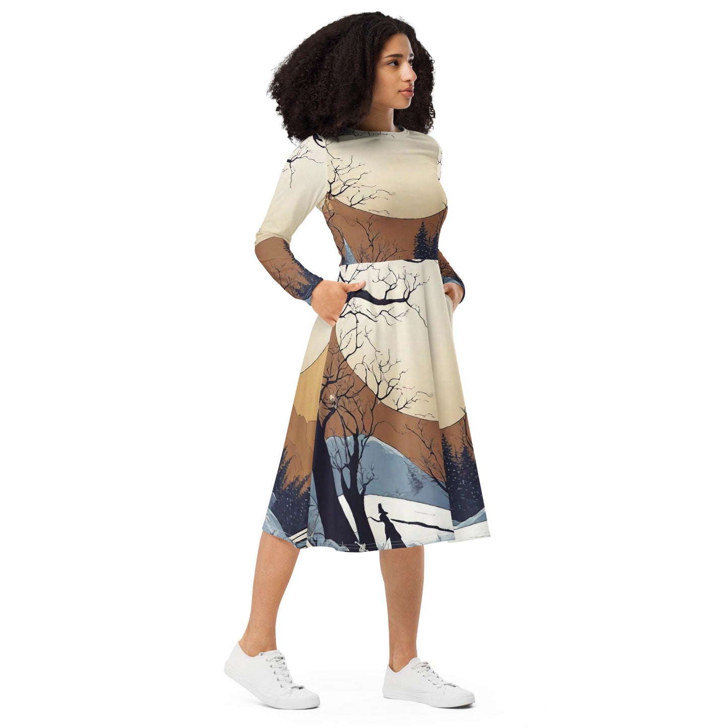 All-over print long sleeve midi dress