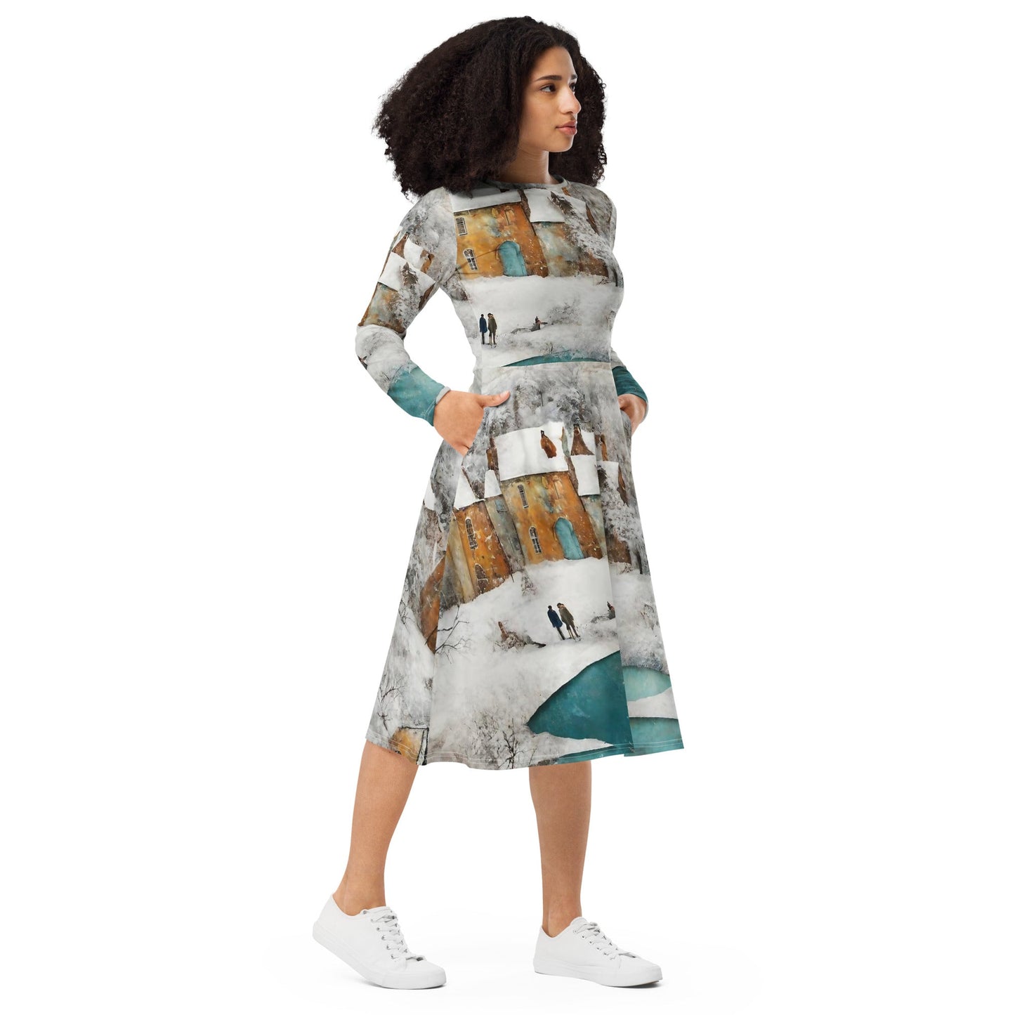 All-over print long sleeve midi dress