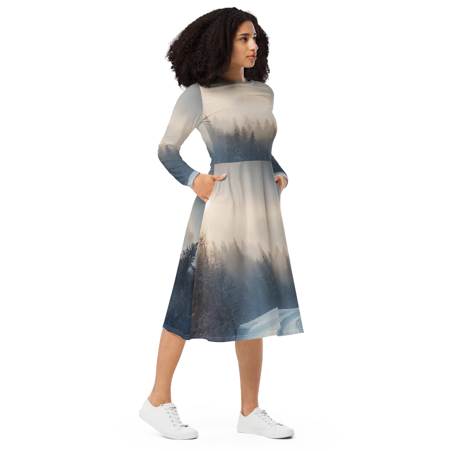 All-over print long sleeve midi dress