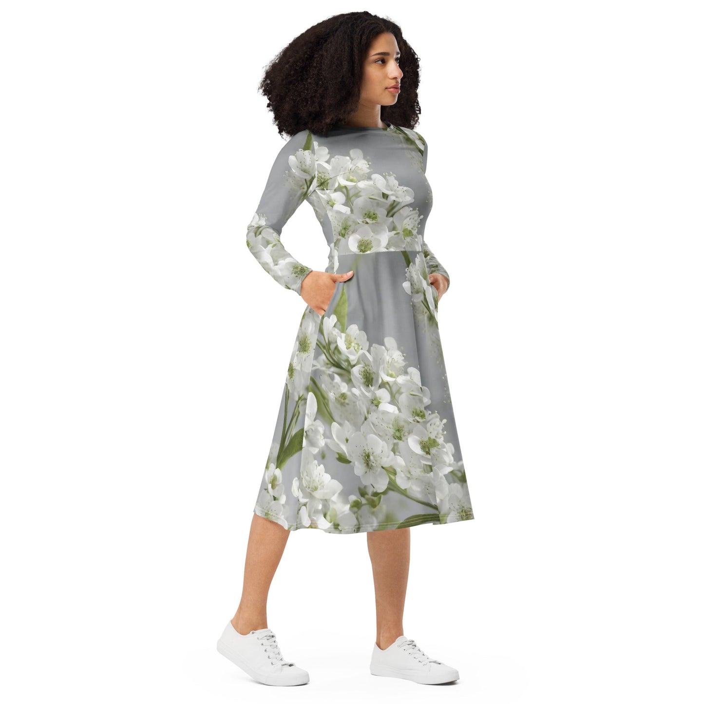 All-over print long sleeve midi dress