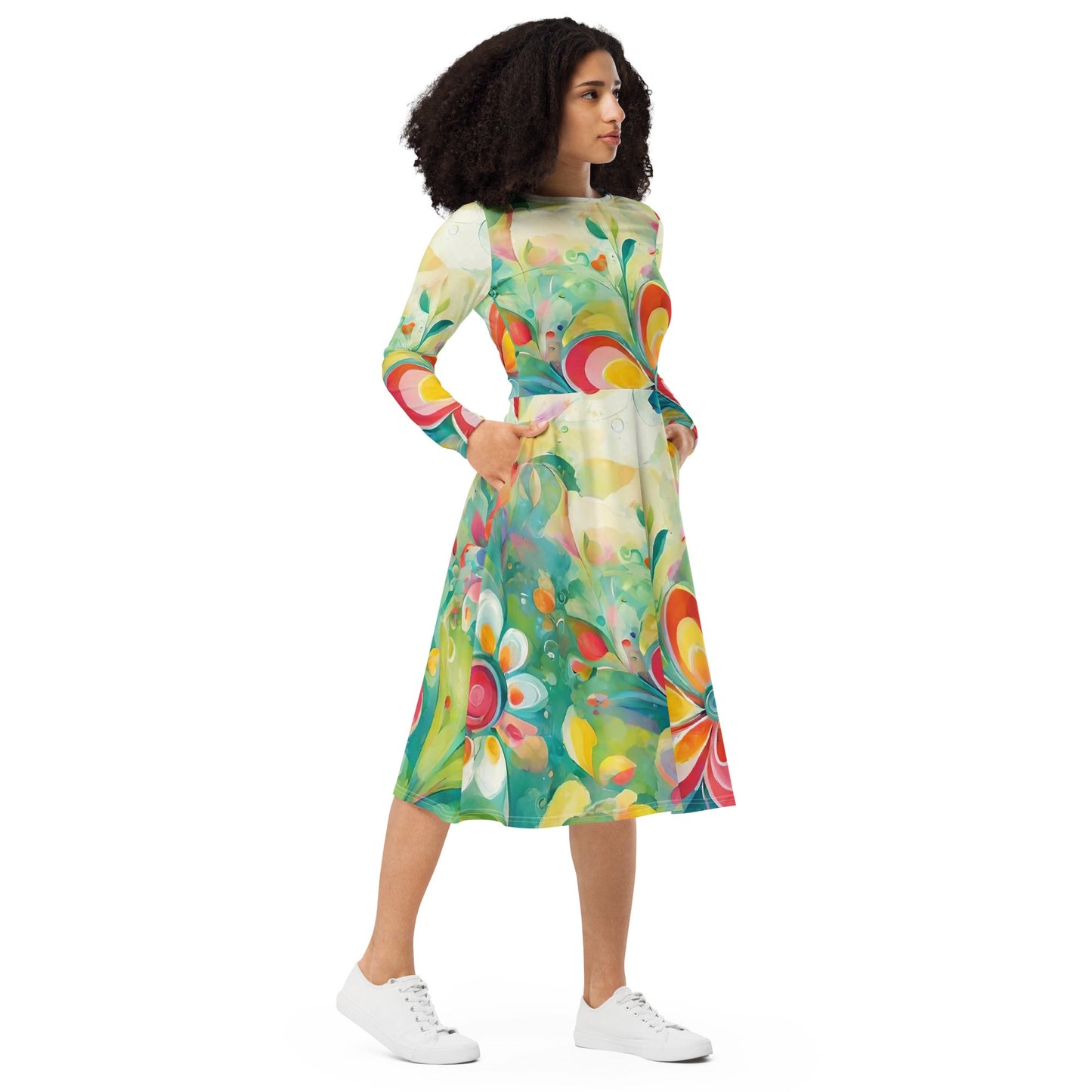 All-over print long sleeve midi dress