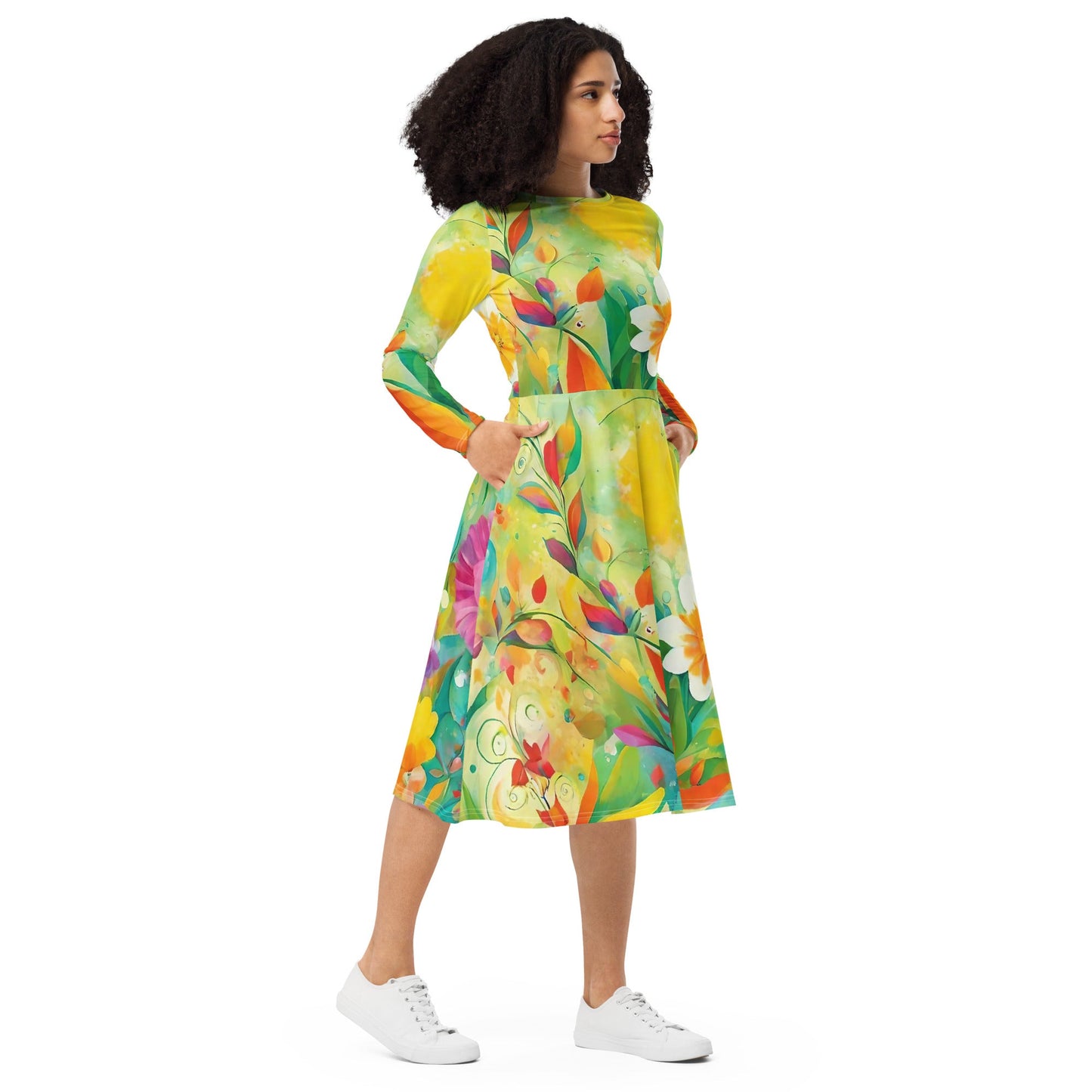 All-over print long sleeve midi dress