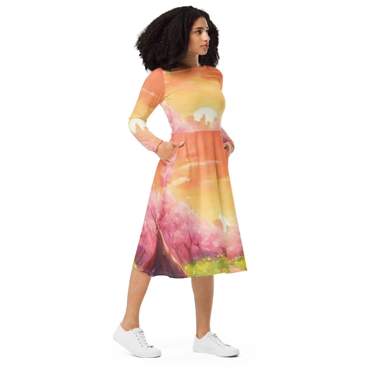 All-over print long sleeve midi dress