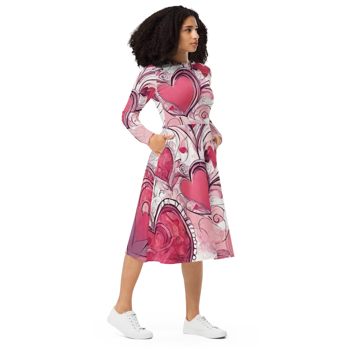 All-over print long sleeve midi dress