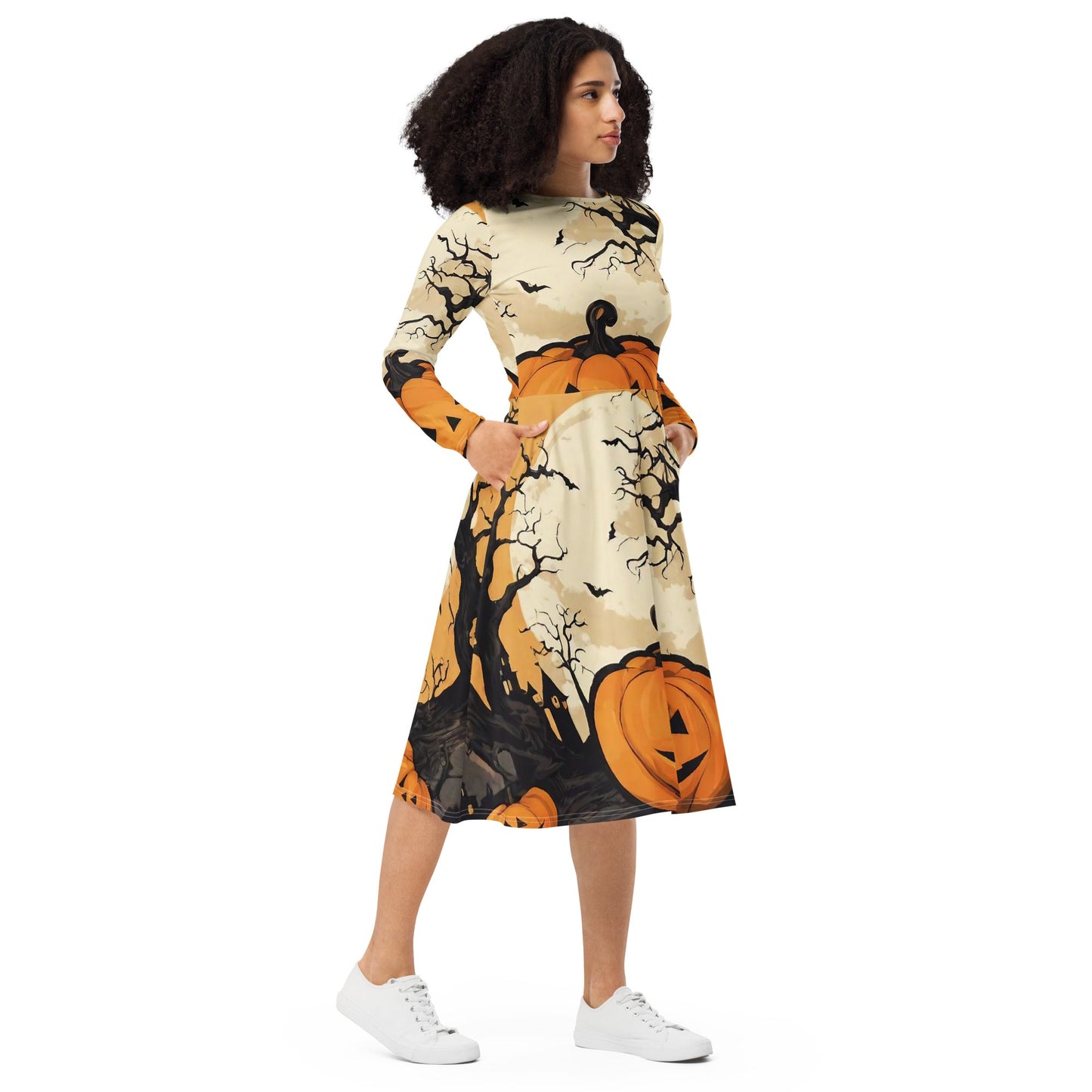 All-over print long sleeve midi dress