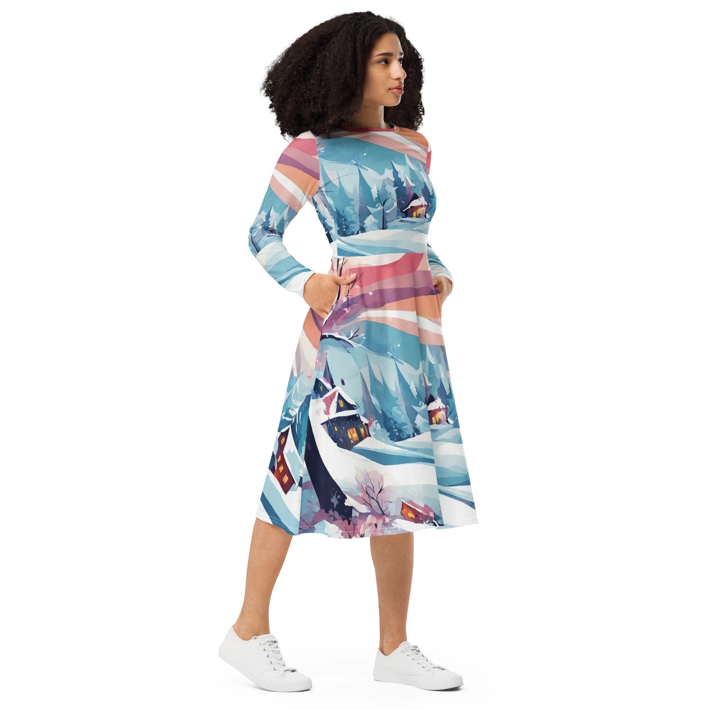 All-over print long sleeve midi dress