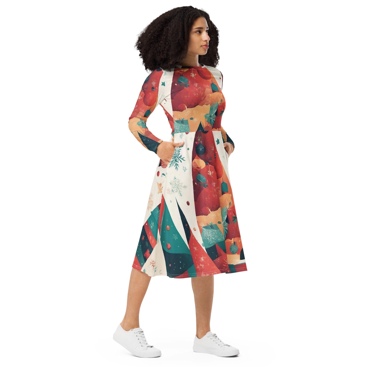 All-over print long sleeve midi dress