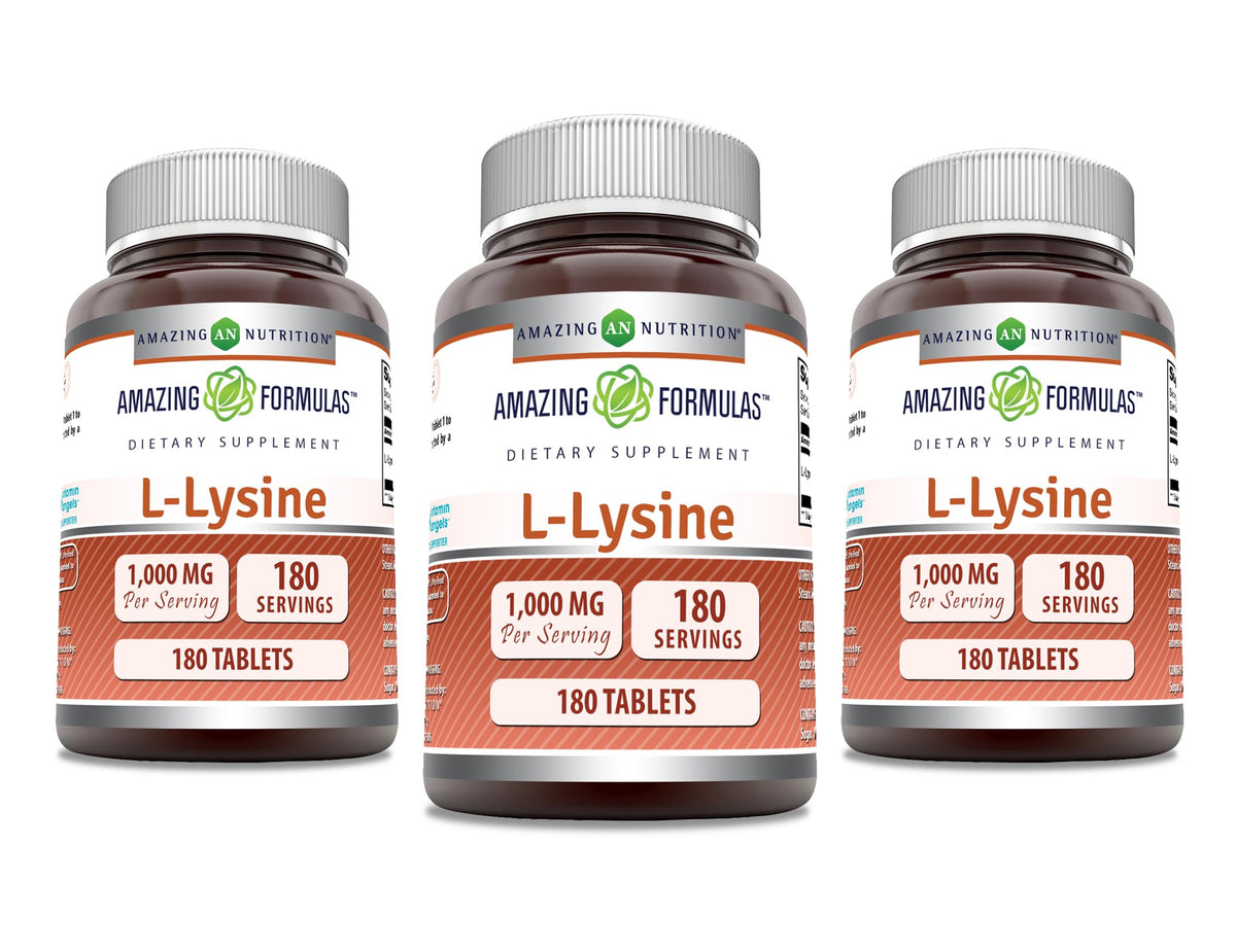 Amazing Formulas L-Lysine 1000mg – Non-GMO, Gluten Free, Made in USA | 180 Tablets per Bottle, 3 Pack
