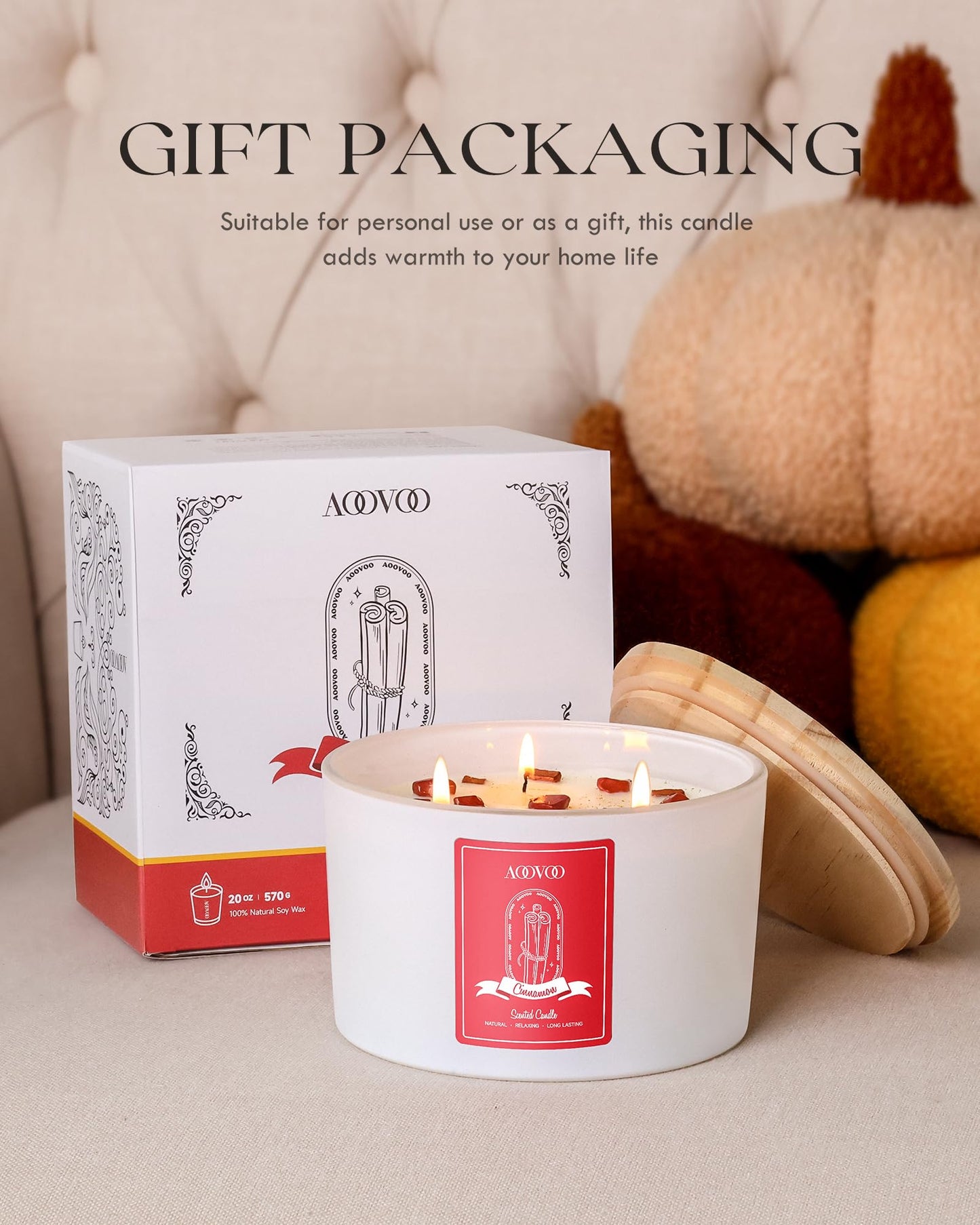 AOOVOO Apple Cinnamon Scented Candle 20oz, 3-Wick Soy, Crystals Inside