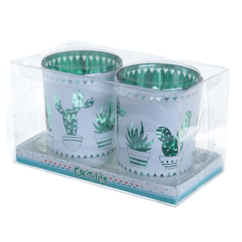 Cactus Design Set of 2 Glass Tea Light or Votive Holders