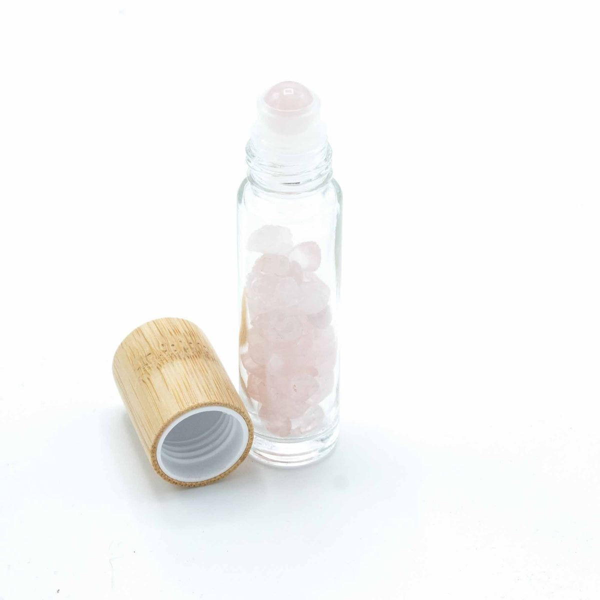 Gemstone Essential Oil Roller Bottle - Rose Quartz - Wooden Cap