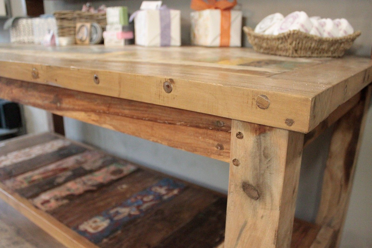 Recycled Teak Wood Dining Table with Top Shelf 220×80x80cm