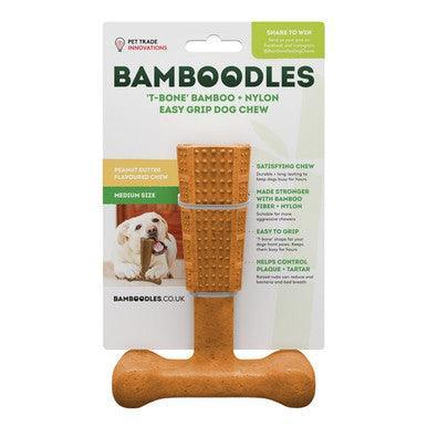 Bamboodles T Bone Chew Toy for Dogs Medium 6Inch Peanut Butter Flavour - Case of 4