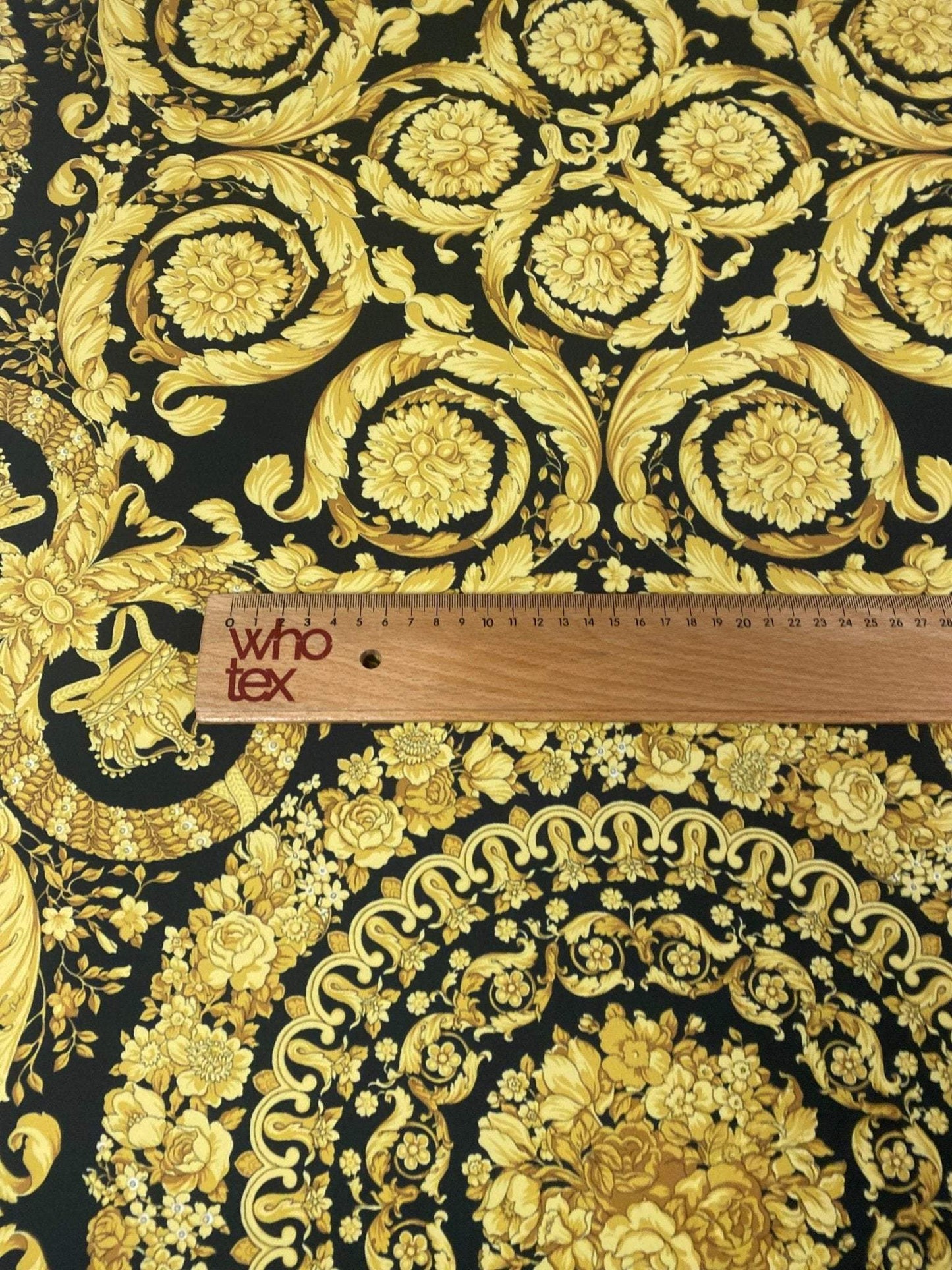 Gold Baroque Medallion Scroll Black Fabric by the Metre