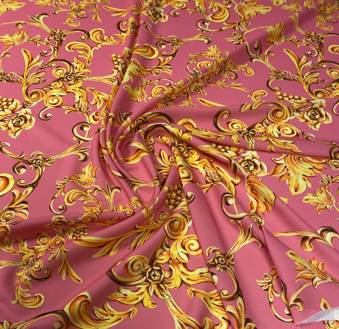 Baroque Floral Crepe Fabric by the Metre – Pink & Gold Luxury Design