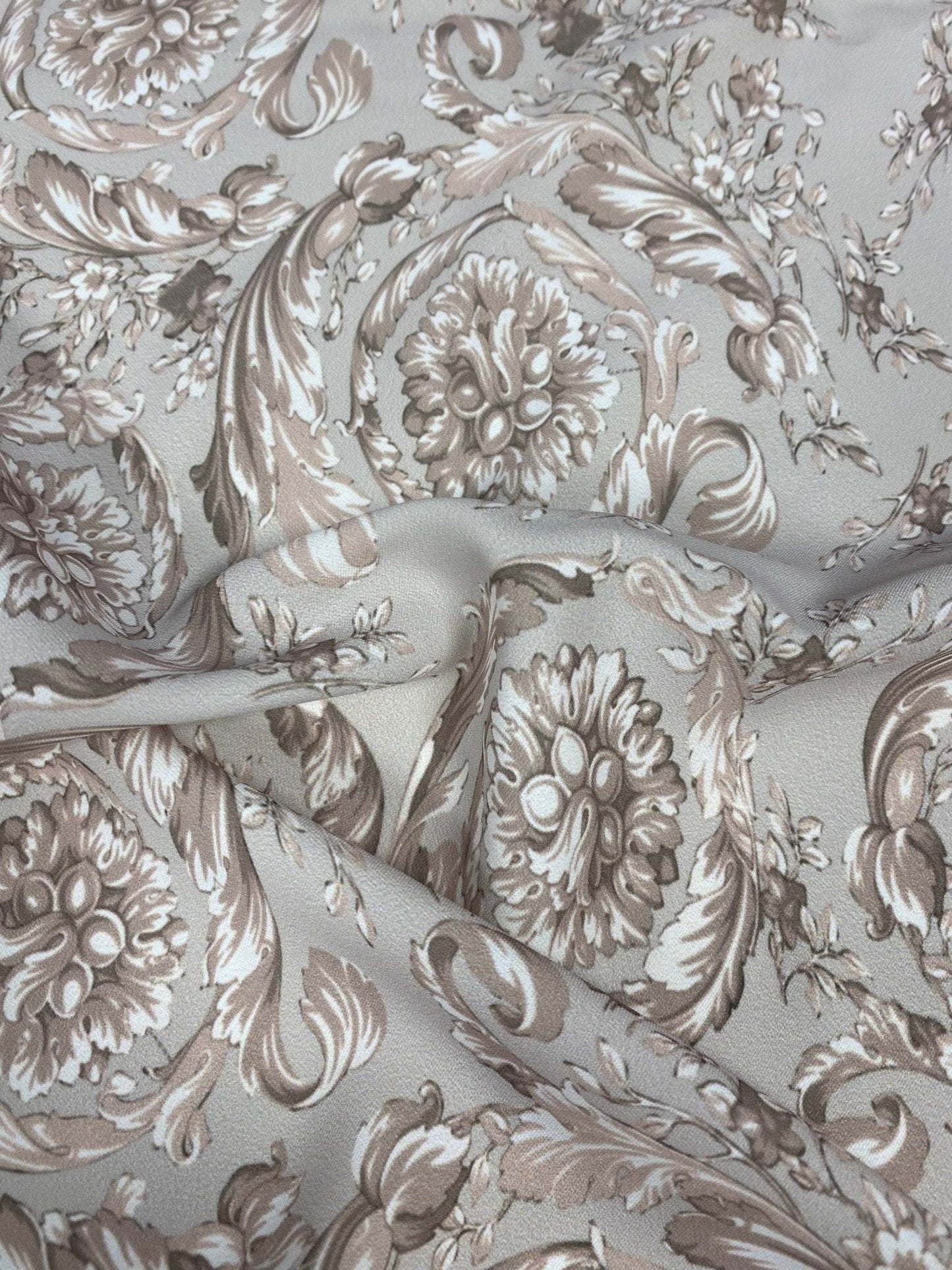 Baroque Floral Damask Fabric in Beige and Taupe by Metre