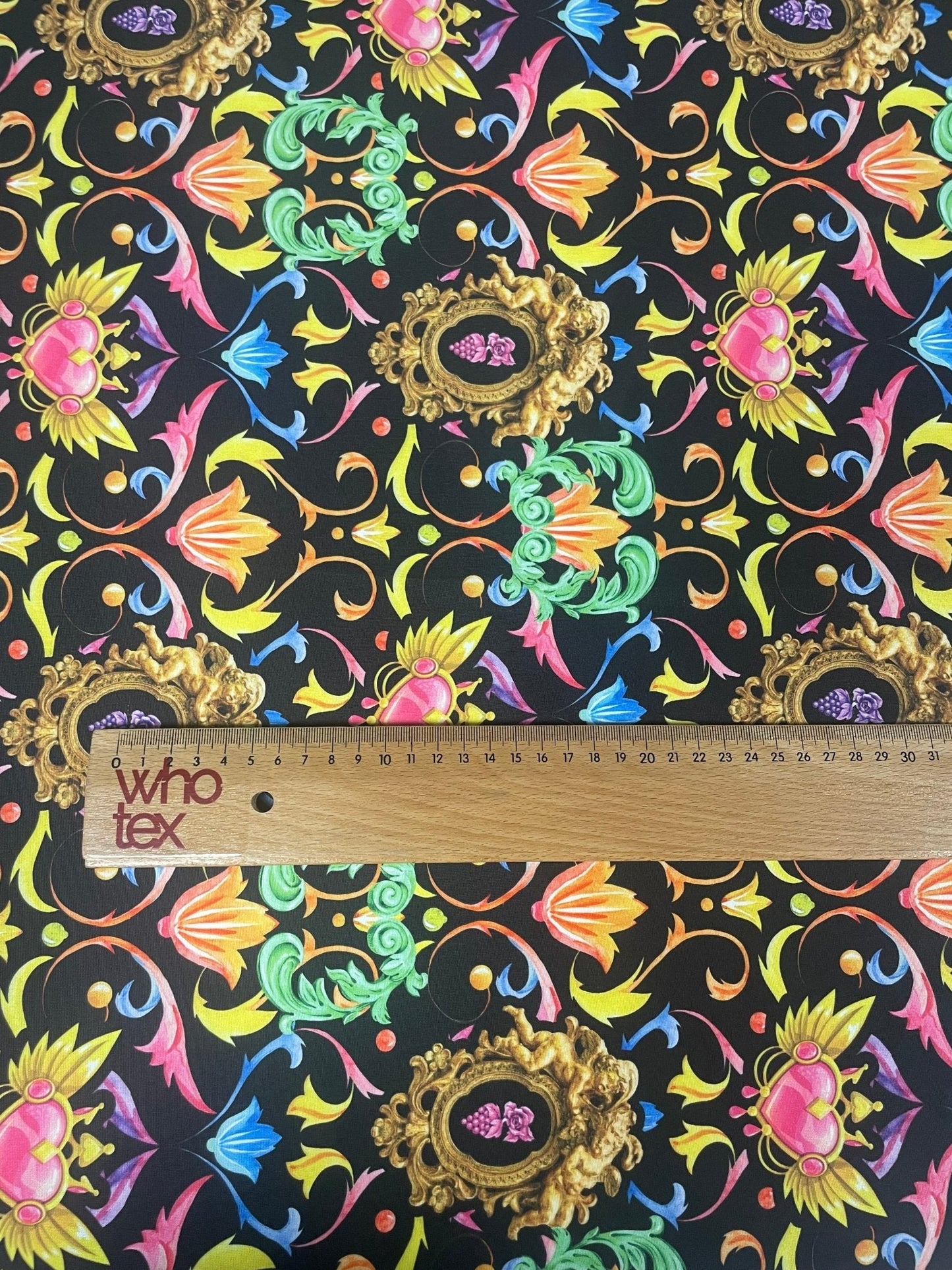 Baroque Floral Lycra Stretch Fabric with Gold Motifs