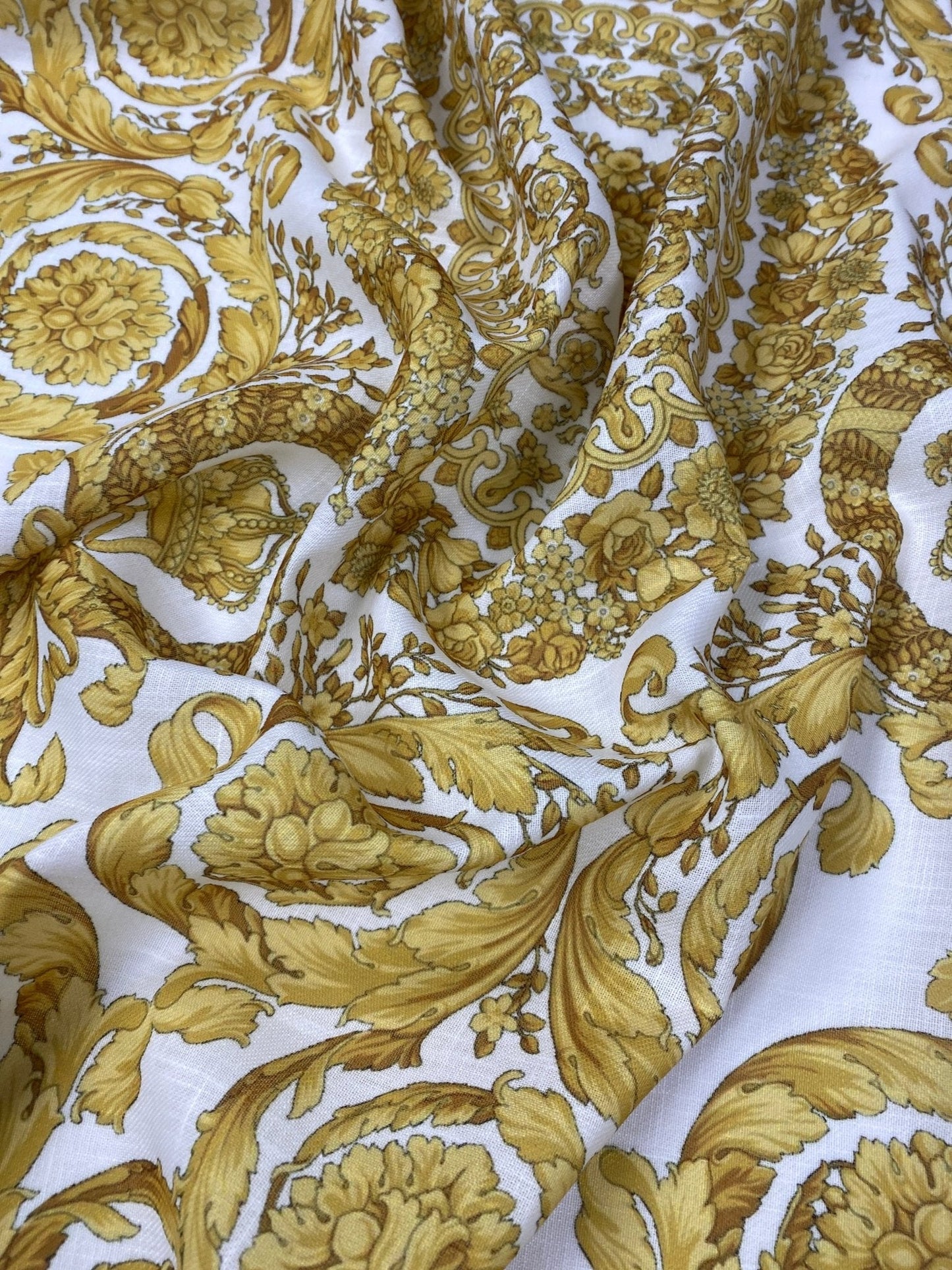 Gold Baroque Medallion Scroll White Fabric by the Metre