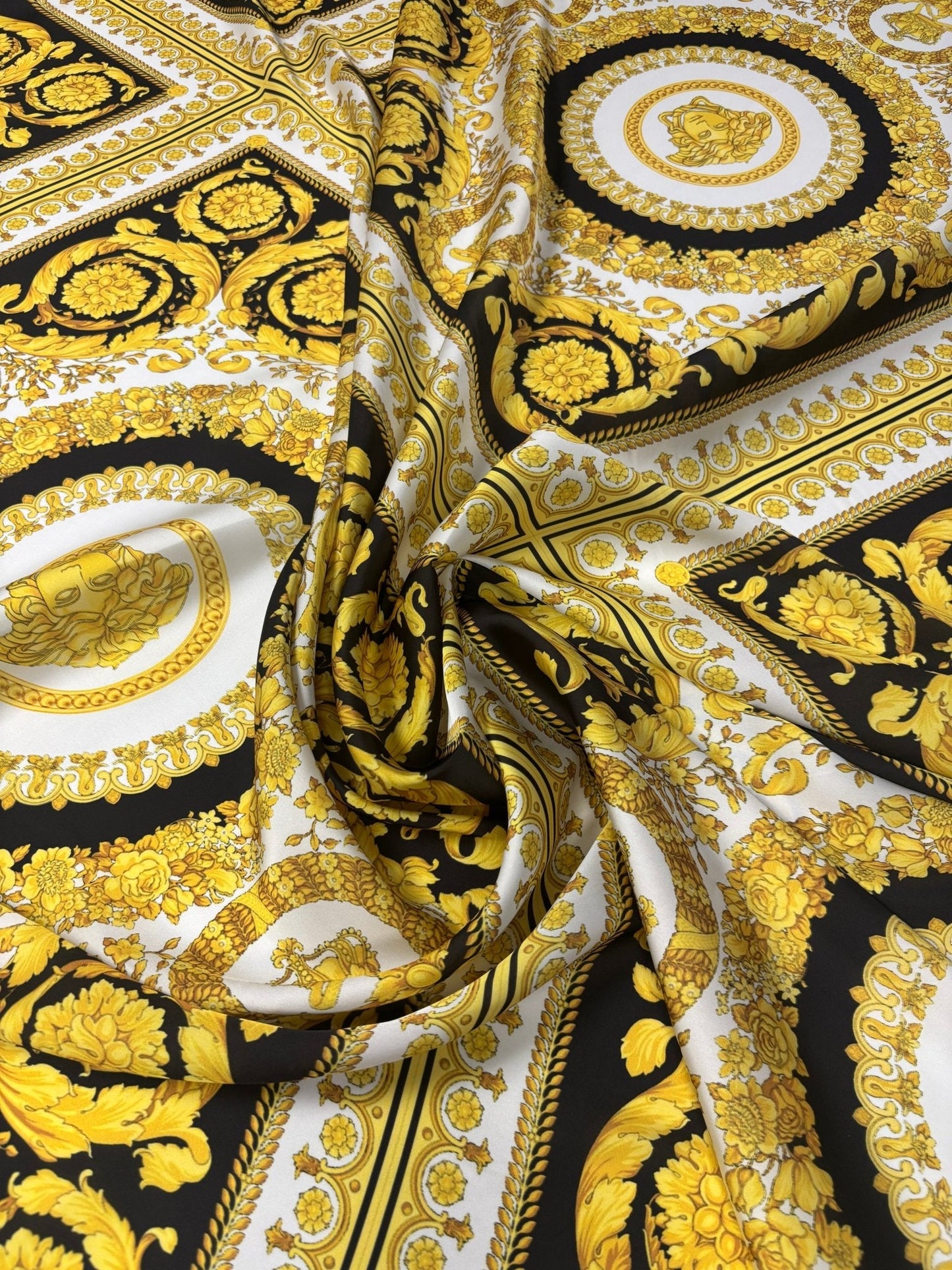 Baroque Gold Medallion Chiffon Satin Fabric by the Metre – Luxury Material