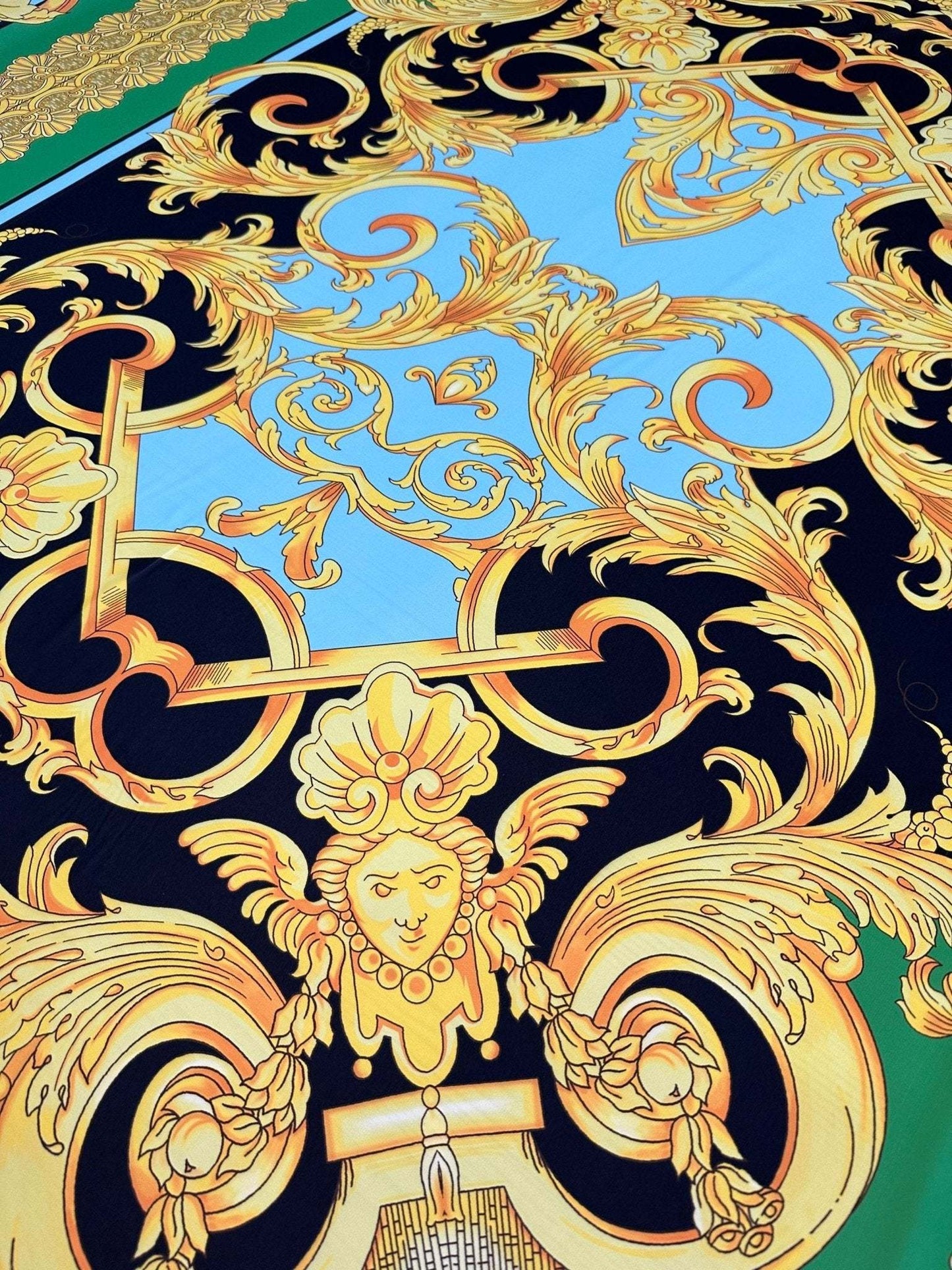 Baroque Scroll Panel Blue Gold Black Fabric by the Metre