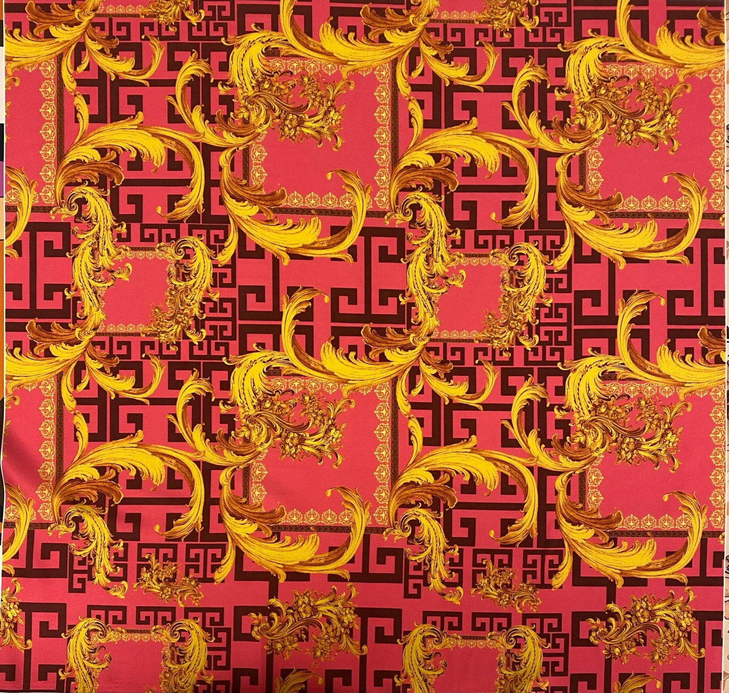 Baroque Pink & Gold Fabric – Luxury Ornate Greek Key Print by the Metre