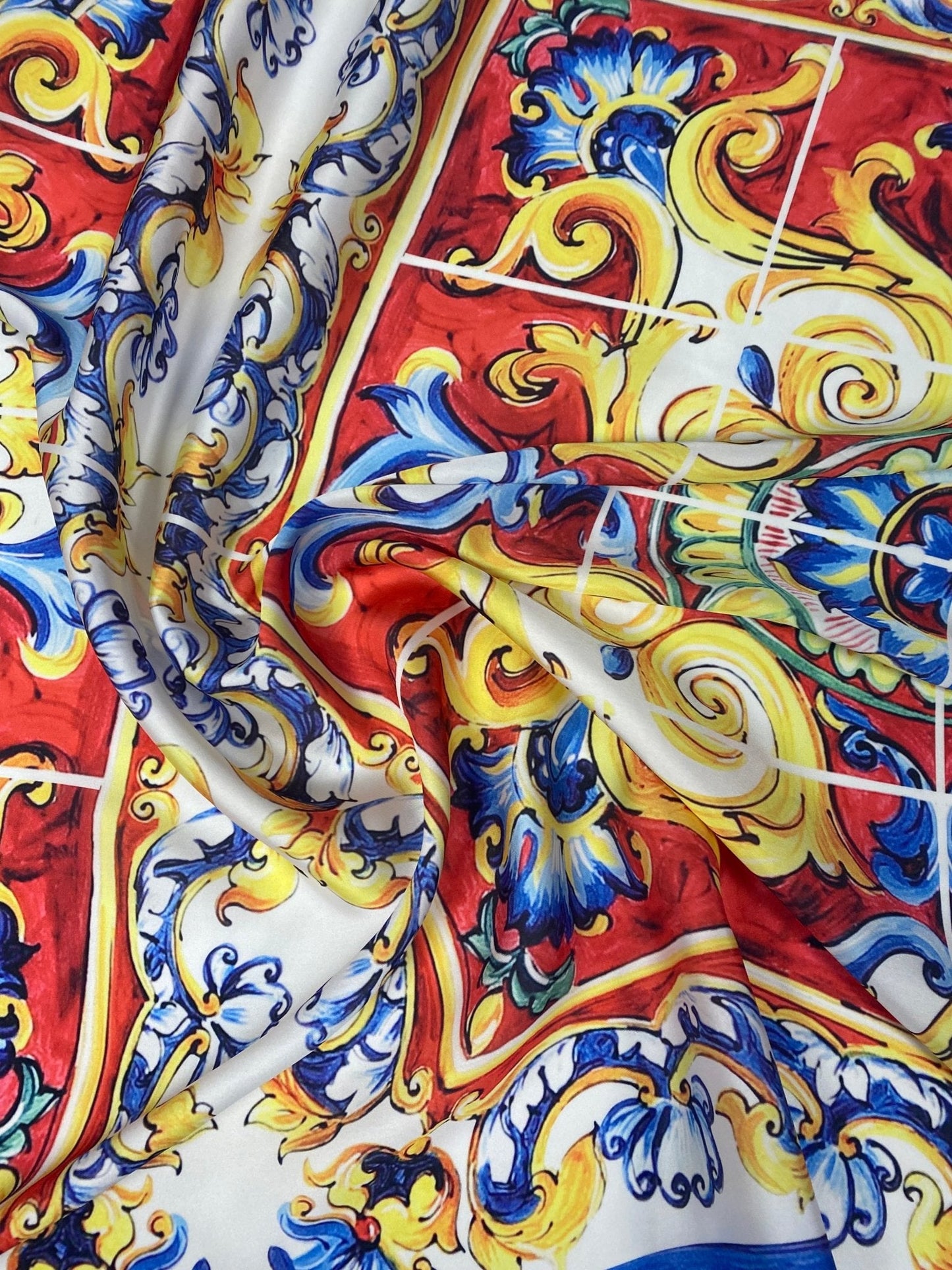 Baroque Tile Print Chiffon Satin Fabric by the Metre