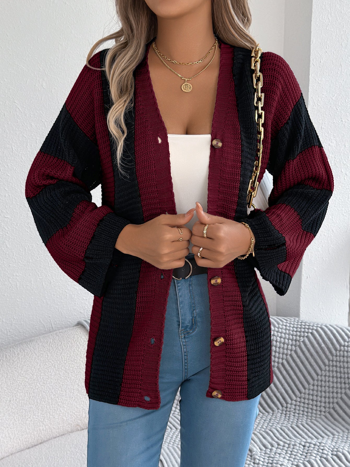 Women Color Block Stripe Bell Sleeve Long Sleeve Cardigan Sweater Coat