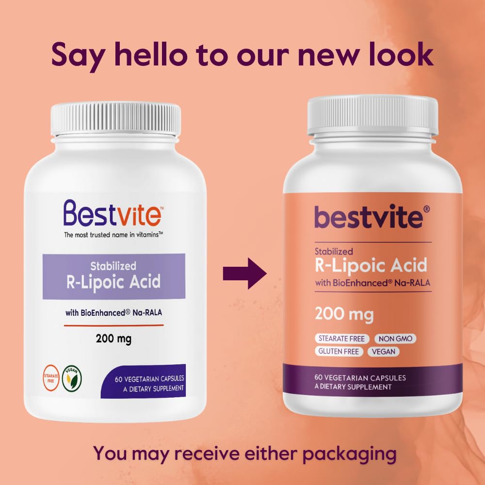 BESTVITE R-Lipoic Acid 200mg Stabilized with Bio-Enhanced Na-RLA (120 Vegetarian Capsules)(60x2) - No Stearates - No Fillers - Vegan - Gluten Free - Non GMO
